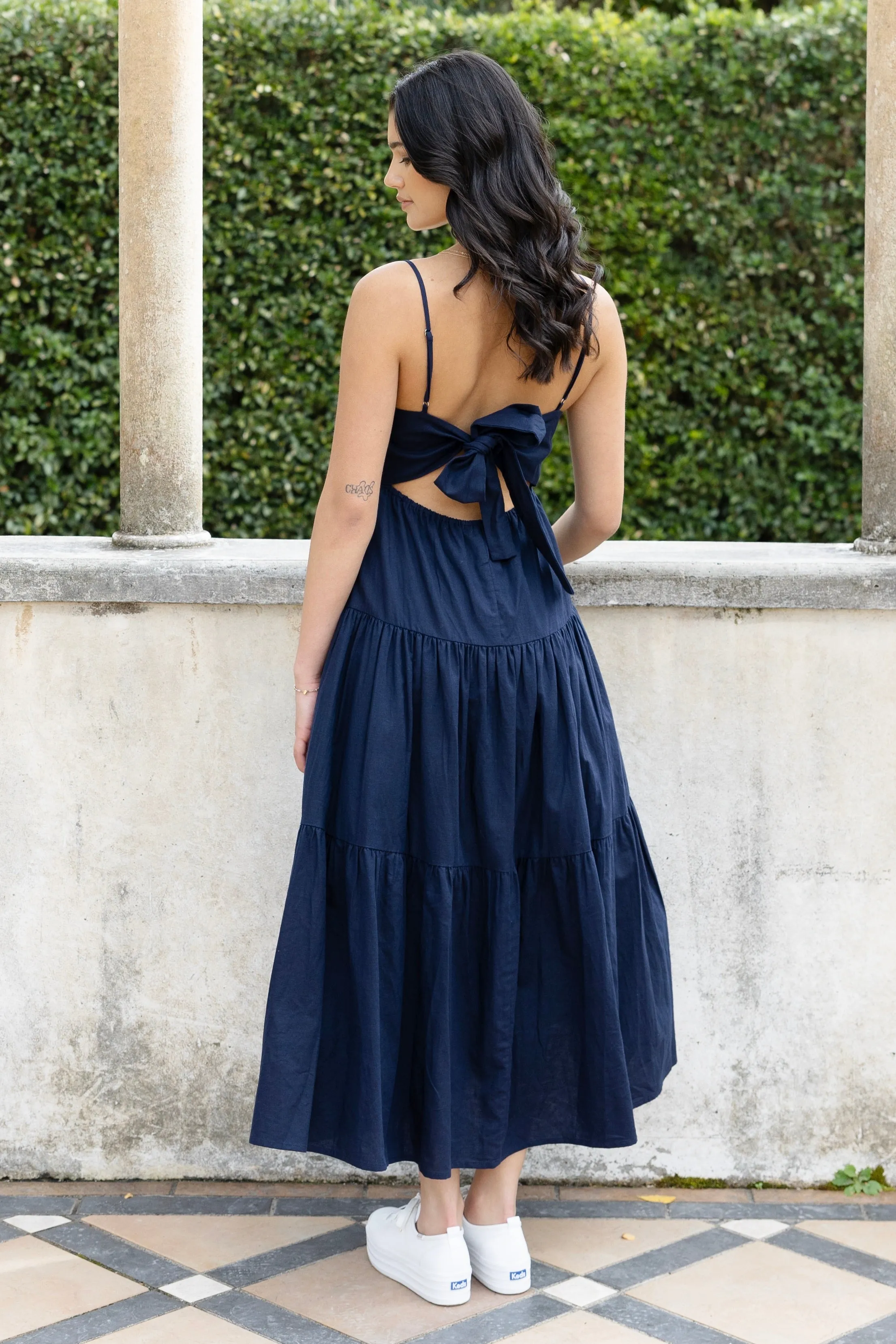 Galaxy Navy Linen Tie Back Tiered Strappy Maxi Dress