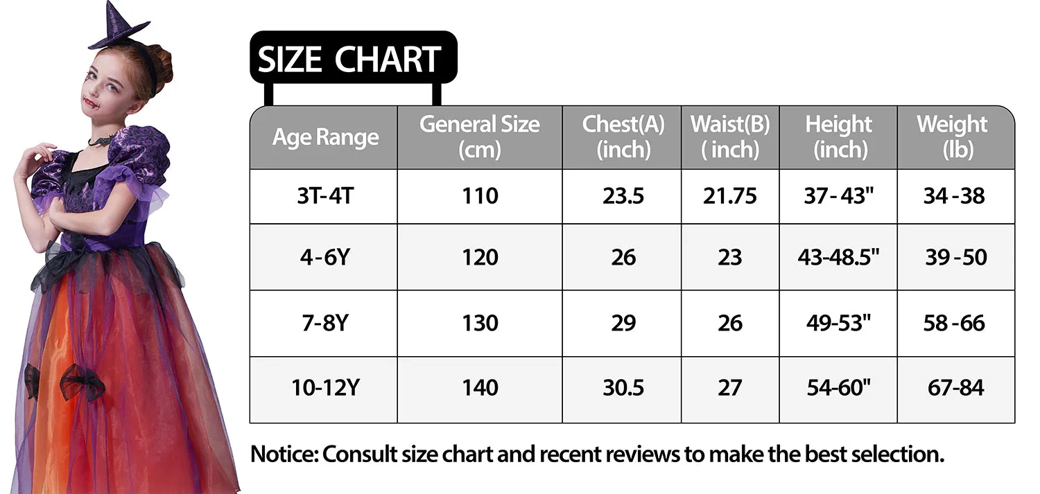 Girls Witch Costume For Halloween Deluxe Party Dress for Kids