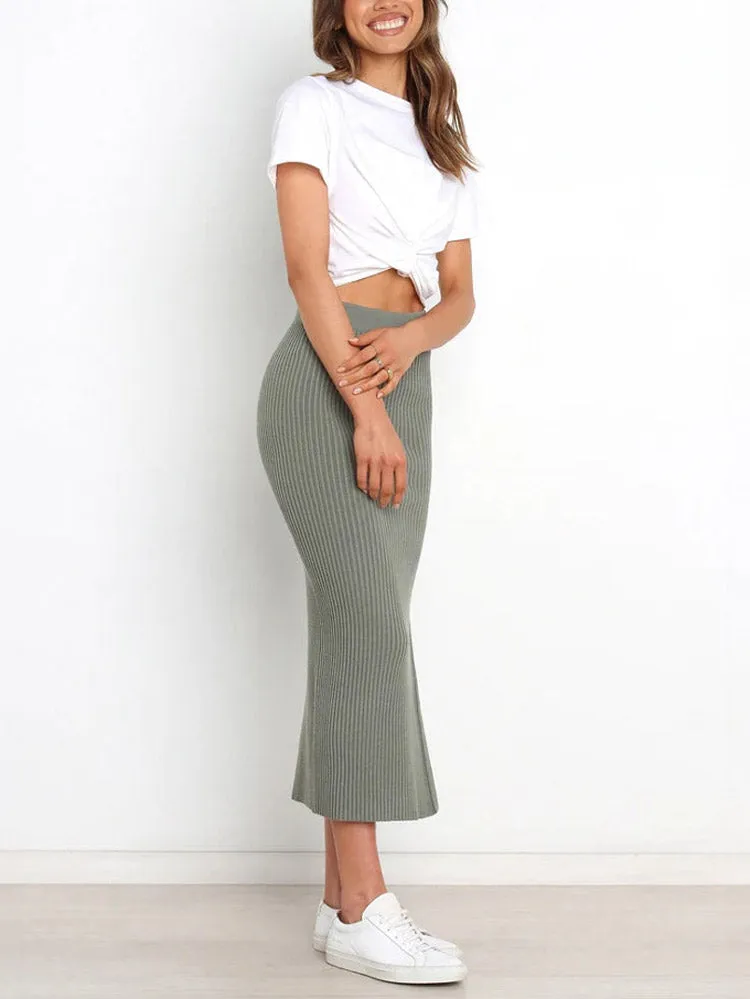 Grey Ribbed Knit Midi Skirts