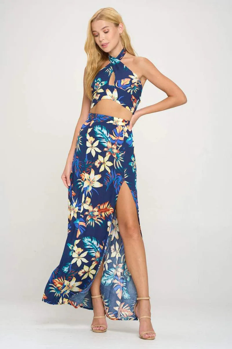 Halter Crop Top and Maxi Skirt Slit Set Tropical Printed