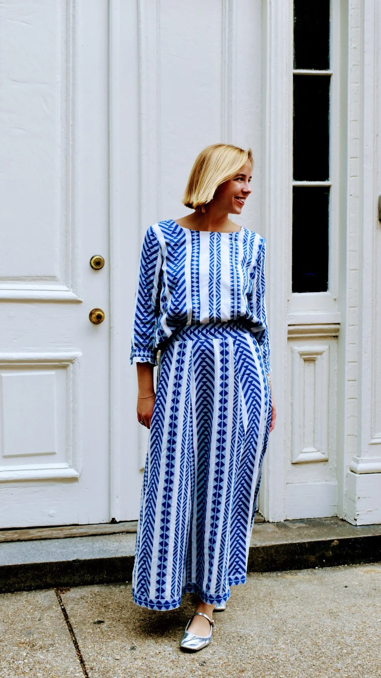 Hanley Midi Skirt Blue and White Woven