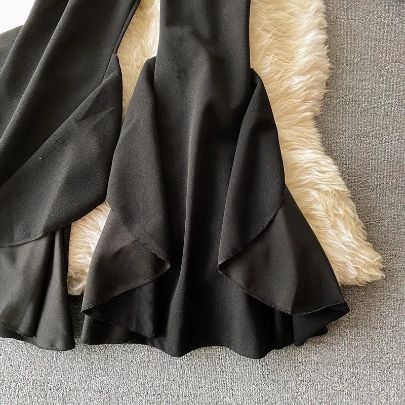 High Waist Ruffle Wide Flare, Elegant Leg Pants For Women