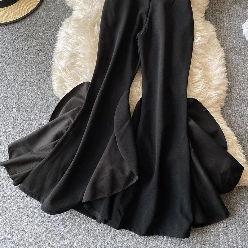 High Waist Ruffle Wide Flare, Elegant Leg Pants For Women