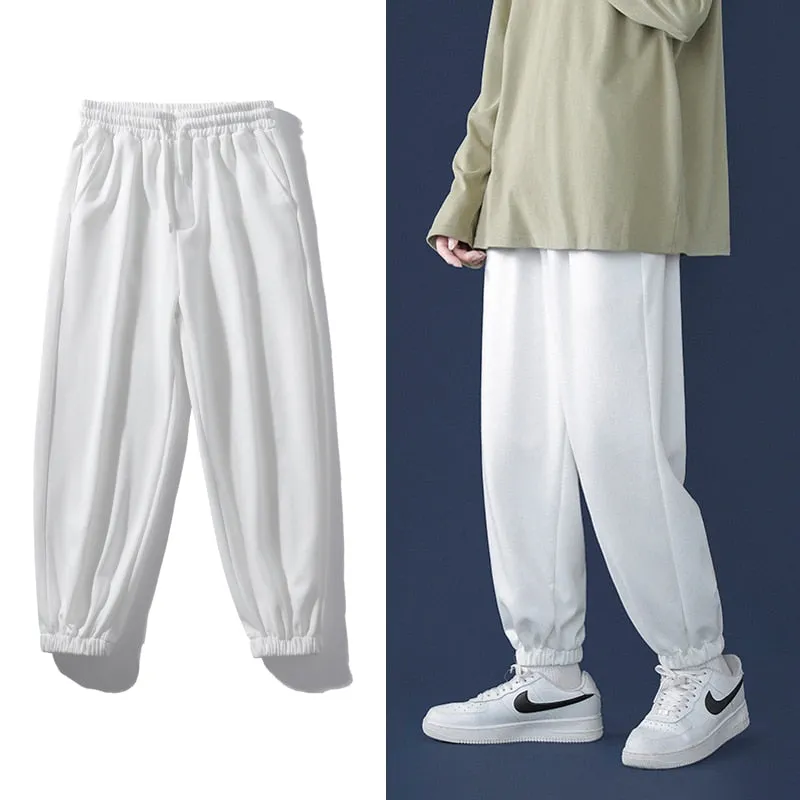 Korean Style Fashion Sweatpants New Autumn Light Gray Baggy Wide-leg Pants Straight-leg Casual Tie Feet Trousers Male