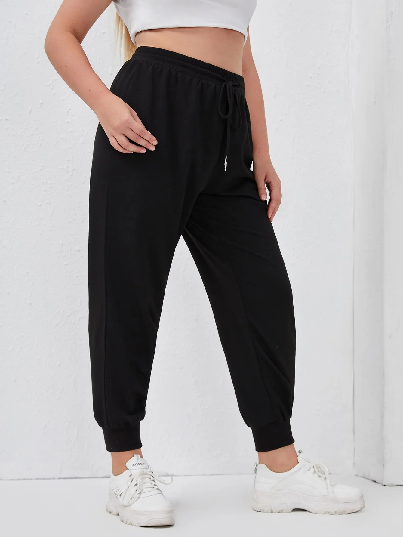 Letter Drawstring Natural Cropped Plus Size Sweatpants