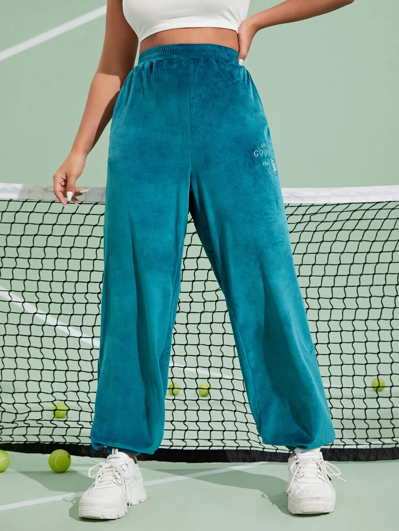 Letter Embroidery High Waist Long Plus Size Sweatpants