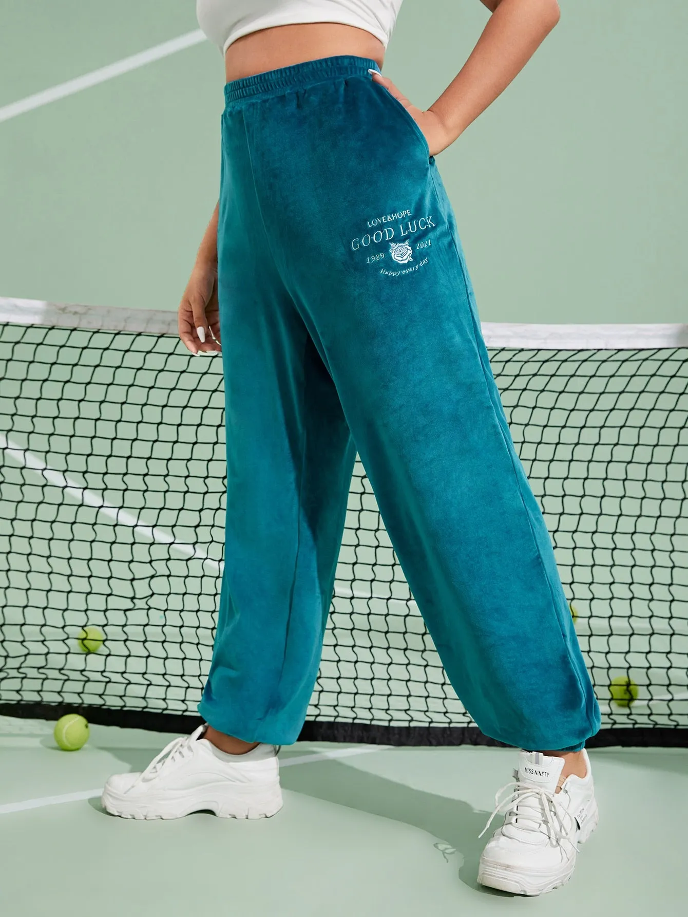 Letter Embroidery High Waist Long Plus Size Sweatpants