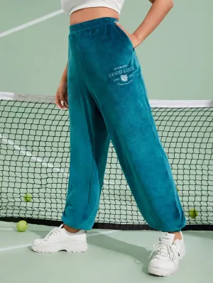 Letter Embroidery High Waist Long Plus Size Sweatpants