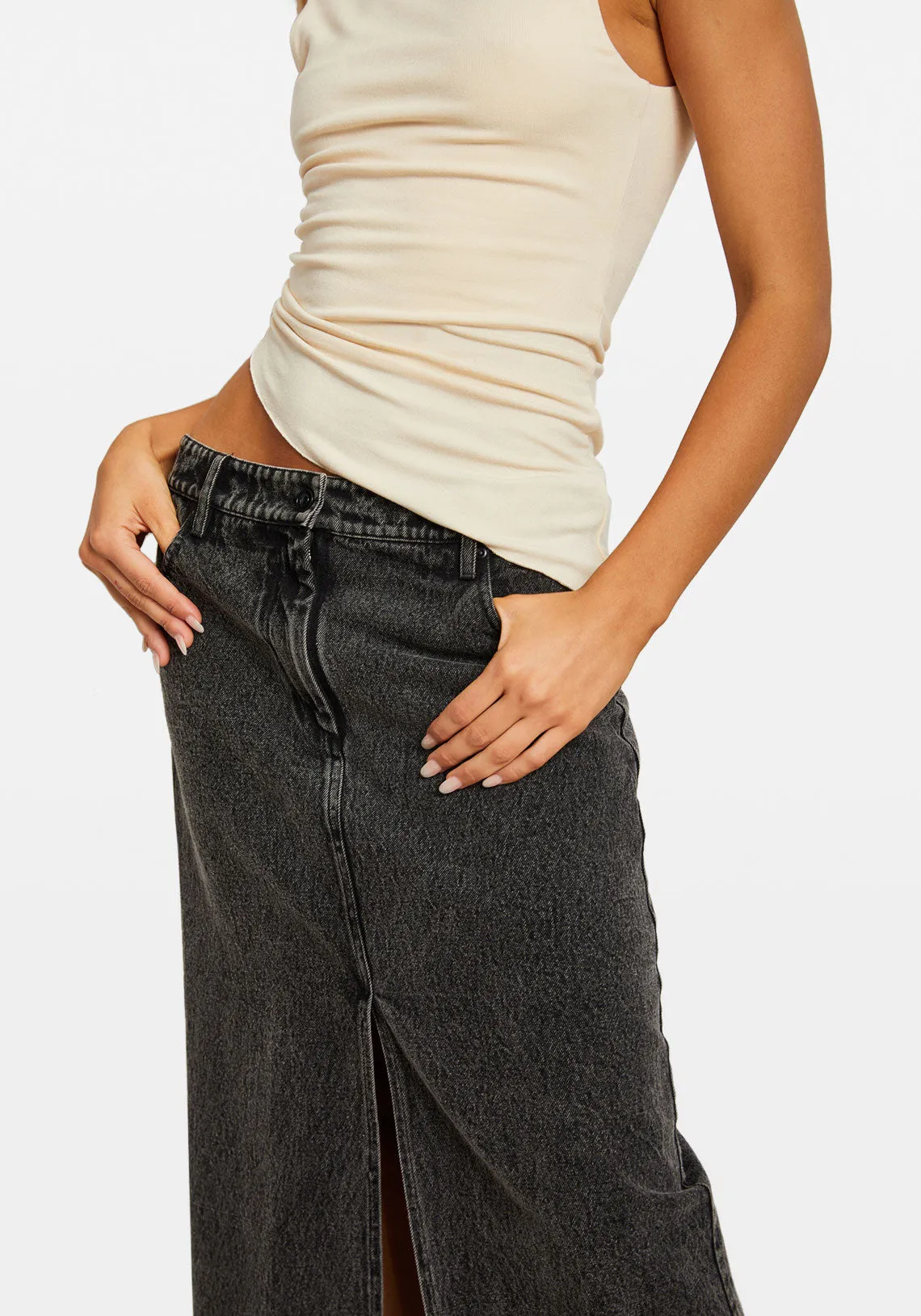 LOW RISE DENIM MAXI SKIRT