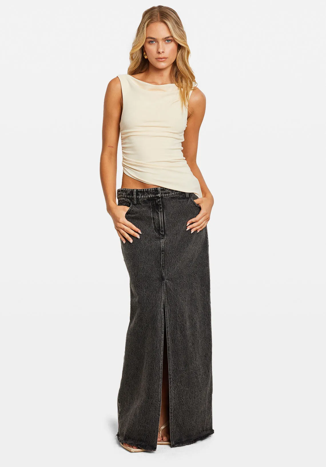 LOW RISE DENIM MAXI SKIRT
