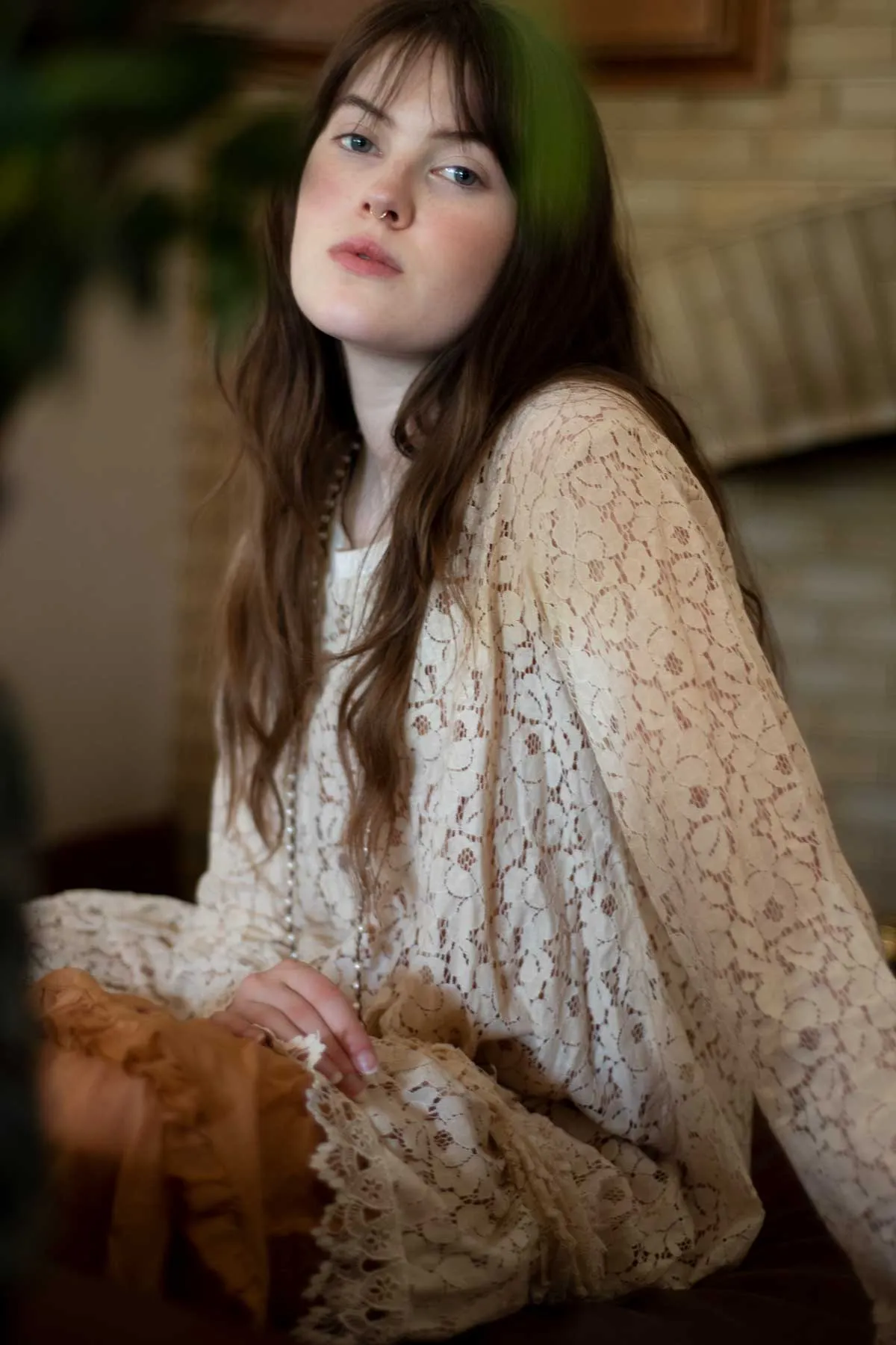 Nicole Top Cotton Lace, with Silk Batiste Skirt, Tea Stain, USA