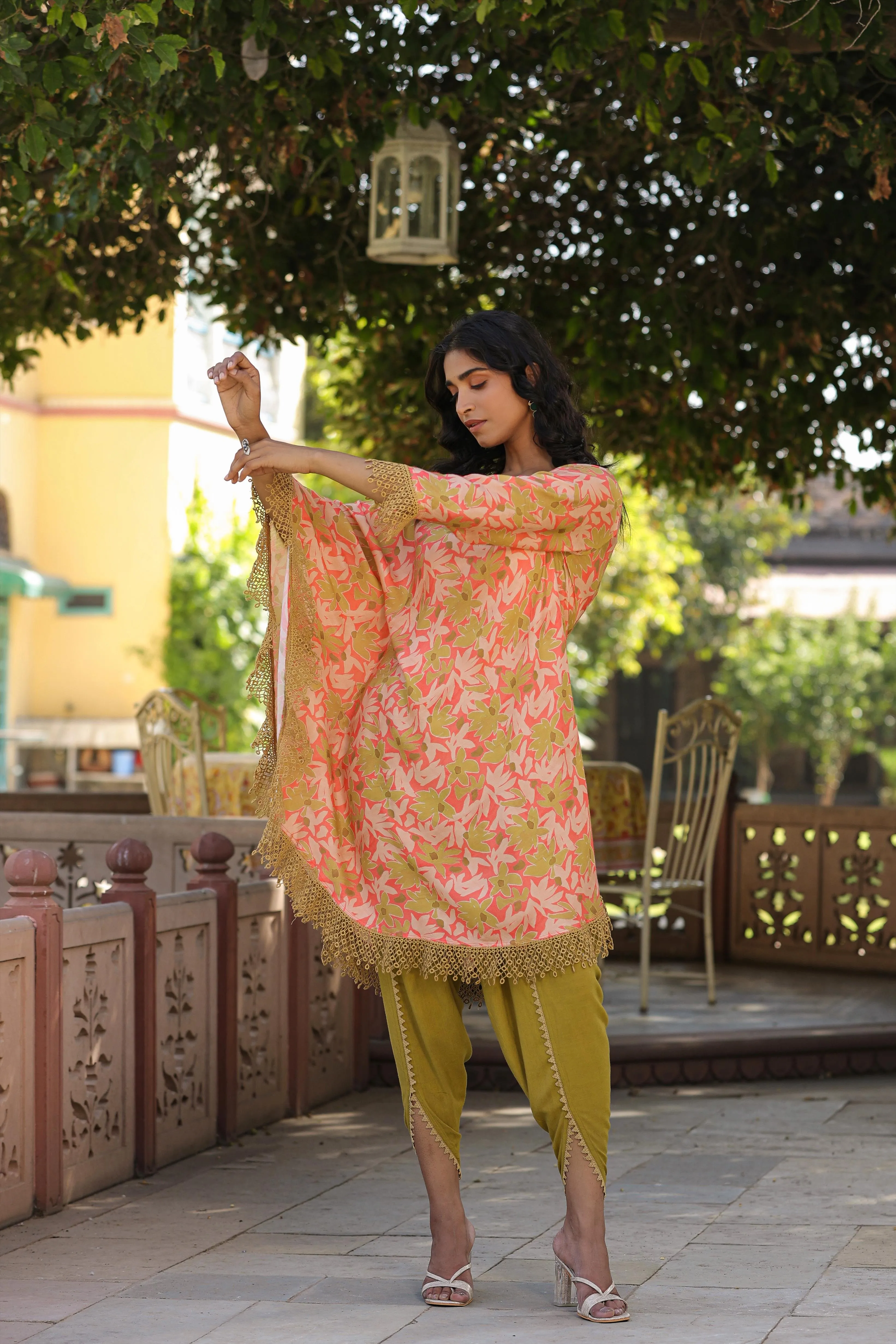 Olive-Peach Muslin Printed Poncho & Dhoti Set