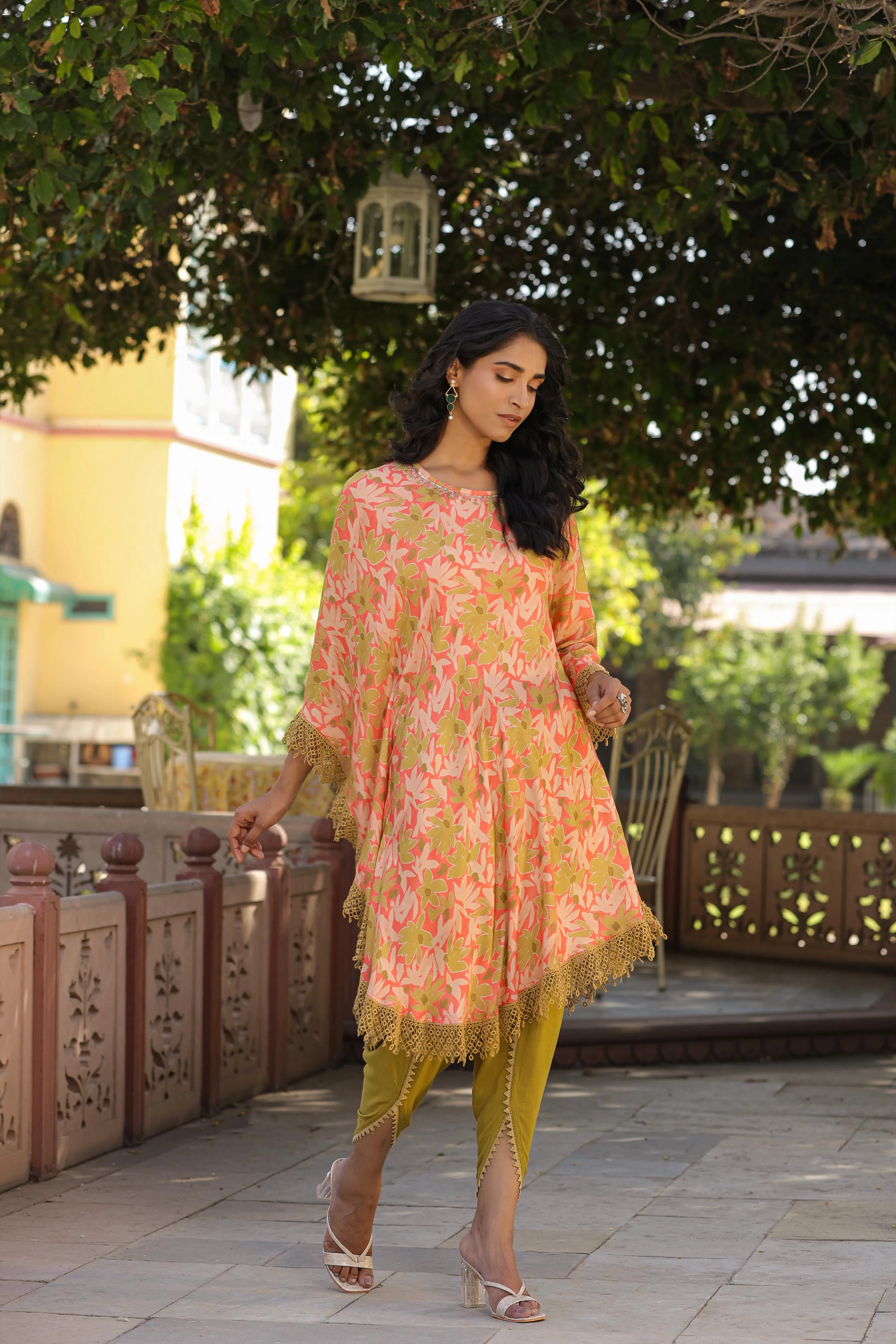 Olive-Peach Muslin Printed Poncho & Dhoti Set