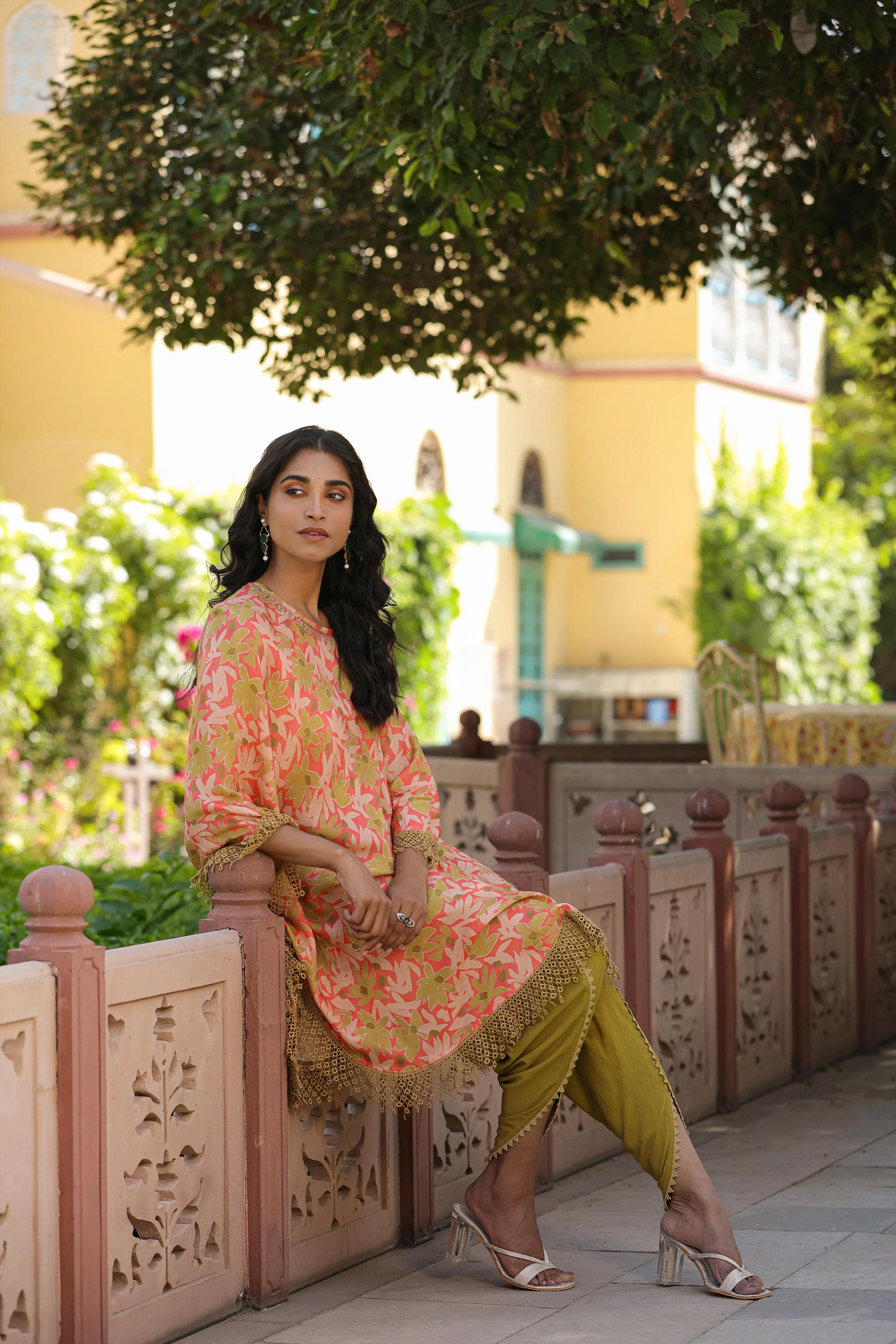 Olive-Peach Muslin Printed Poncho & Dhoti Set