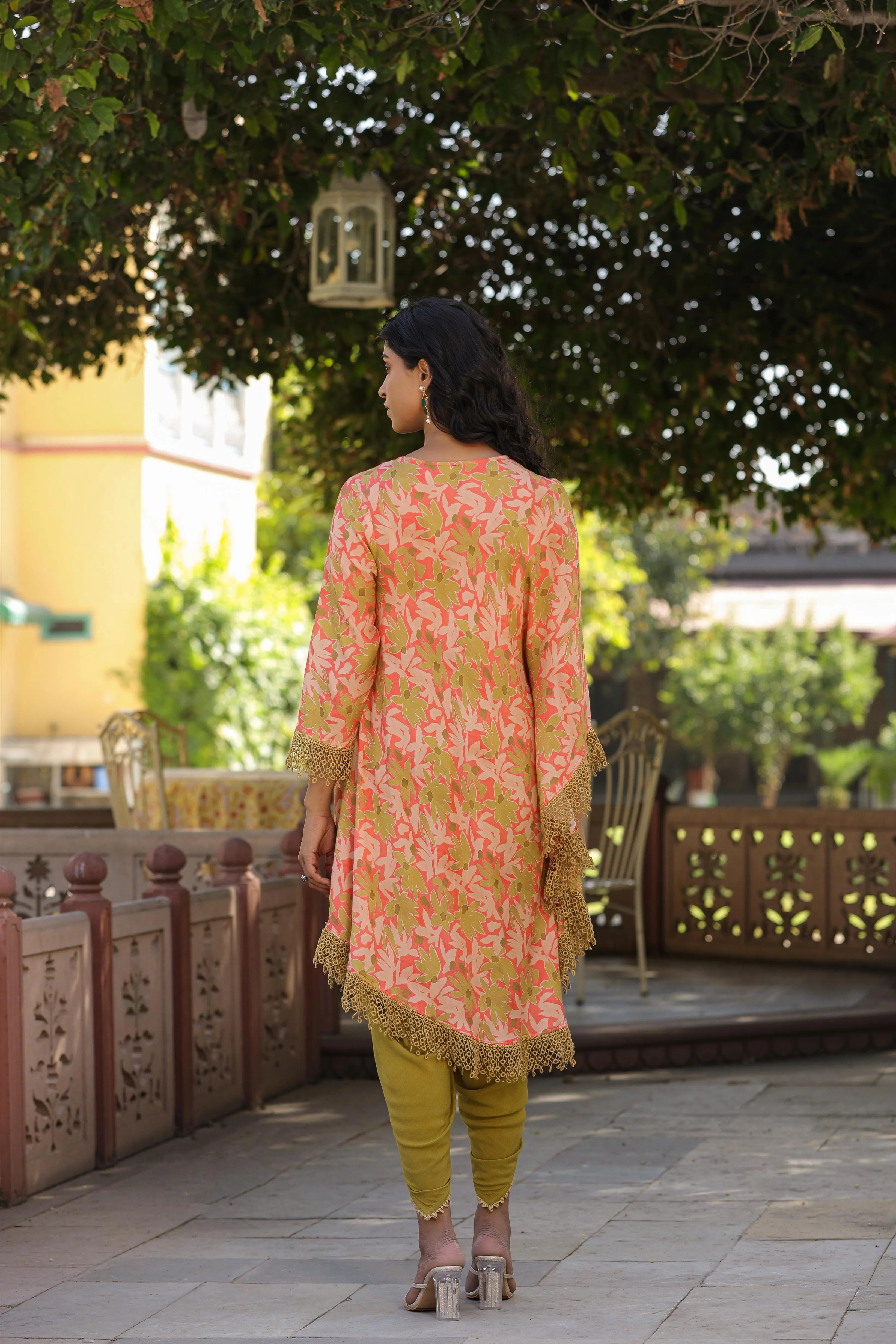 Olive-Peach Muslin Printed Poncho & Dhoti Set