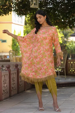 Olive-Peach Muslin Printed Poncho & Dhoti Set