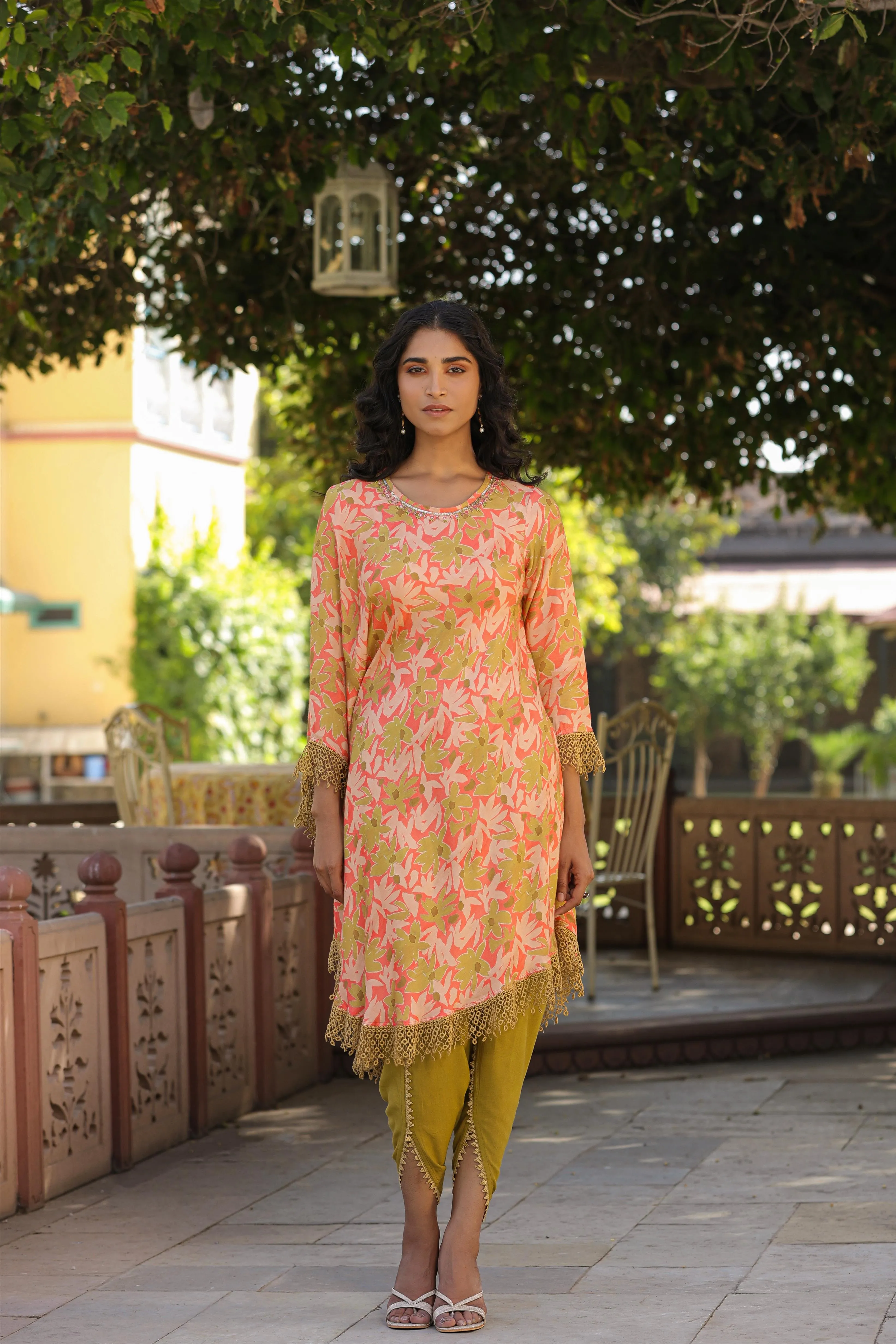 Olive-Peach Muslin Printed Poncho & Dhoti Set