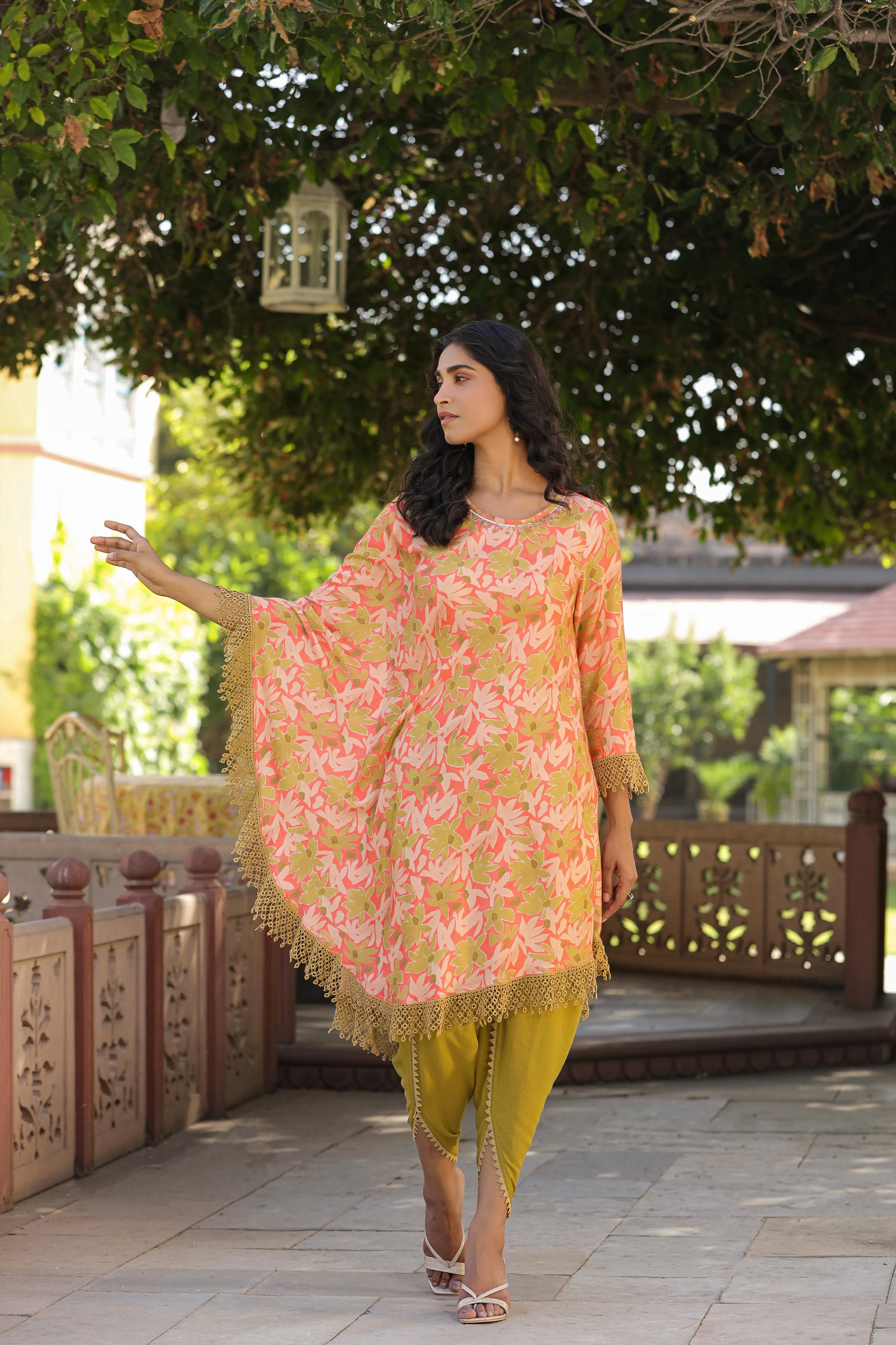 Olive-Peach Muslin Printed Poncho & Dhoti Set