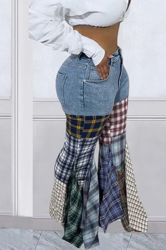 PA067 Plaid Denim Long Pants