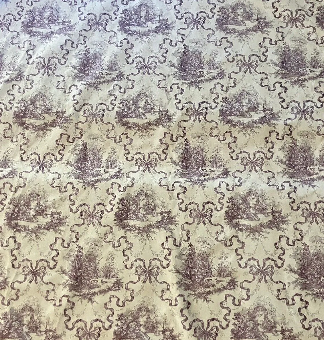 Pair Vintage Waverly Swan Lake Ribbons Lavender Toile Lined Drapery Panels Curtains