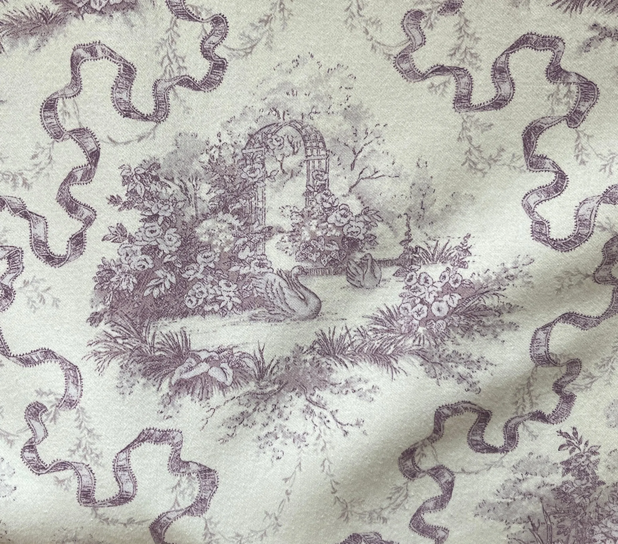 Pair Vintage Waverly Swan Lake Ribbons Lavender Toile Lined Drapery Panels Curtains
