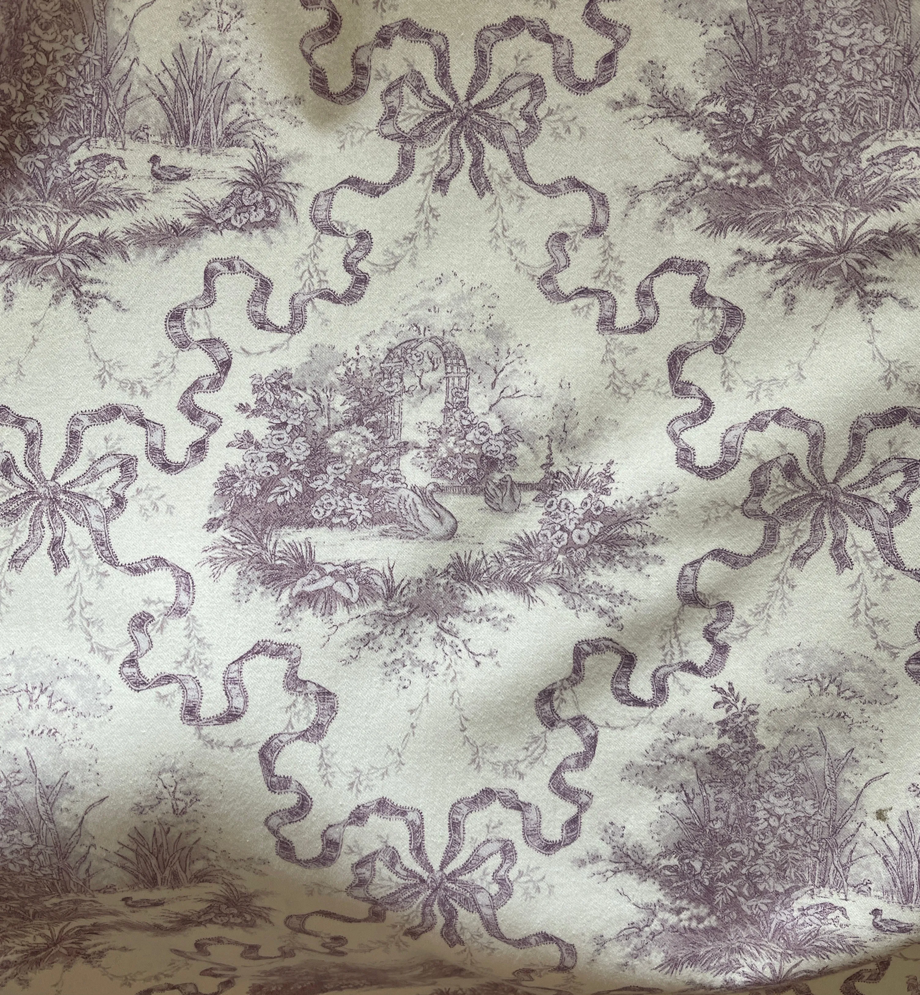 Pair Vintage Waverly Swan Lake Ribbons Lavender Toile Lined Drapery Panels Curtains