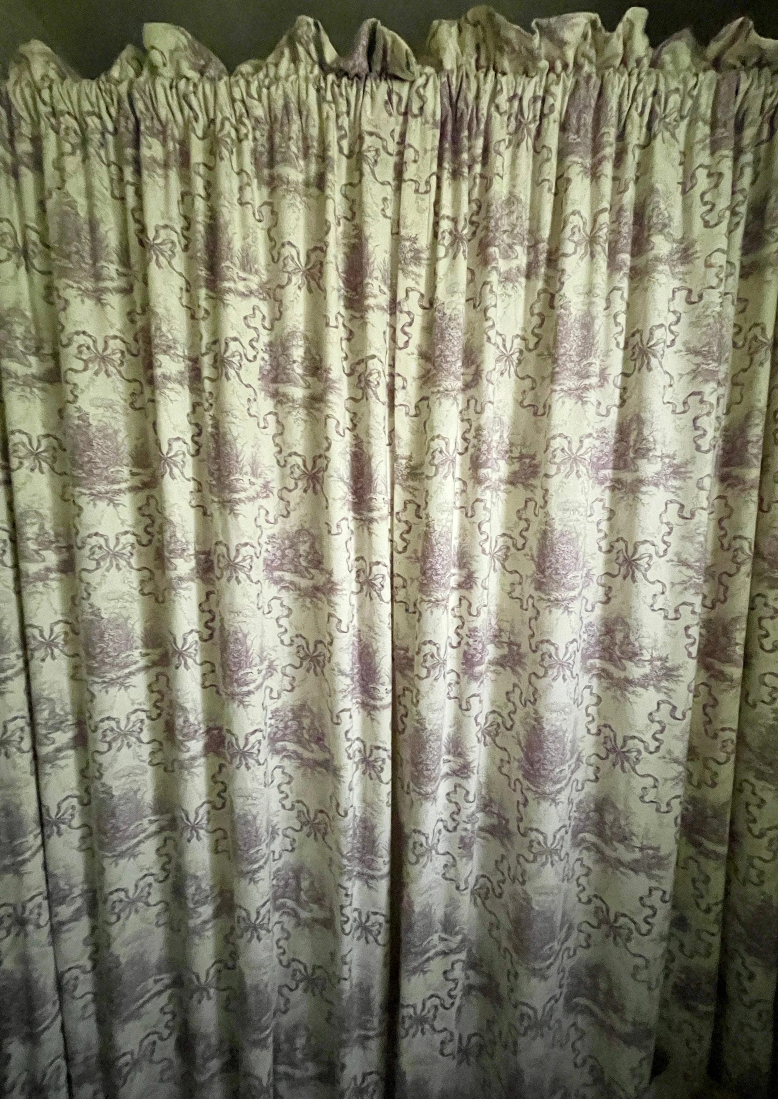 Pair Vintage Waverly Swan Lake Ribbons Lavender Toile Lined Drapery Panels Curtains
