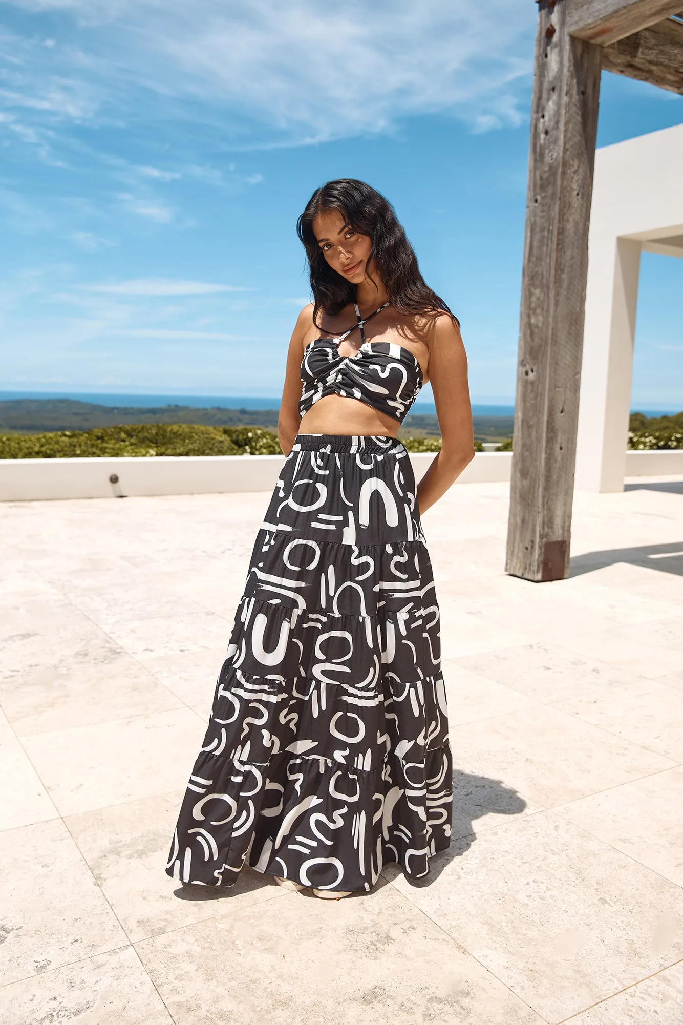 Panoramic Views Crop Halter Top Black