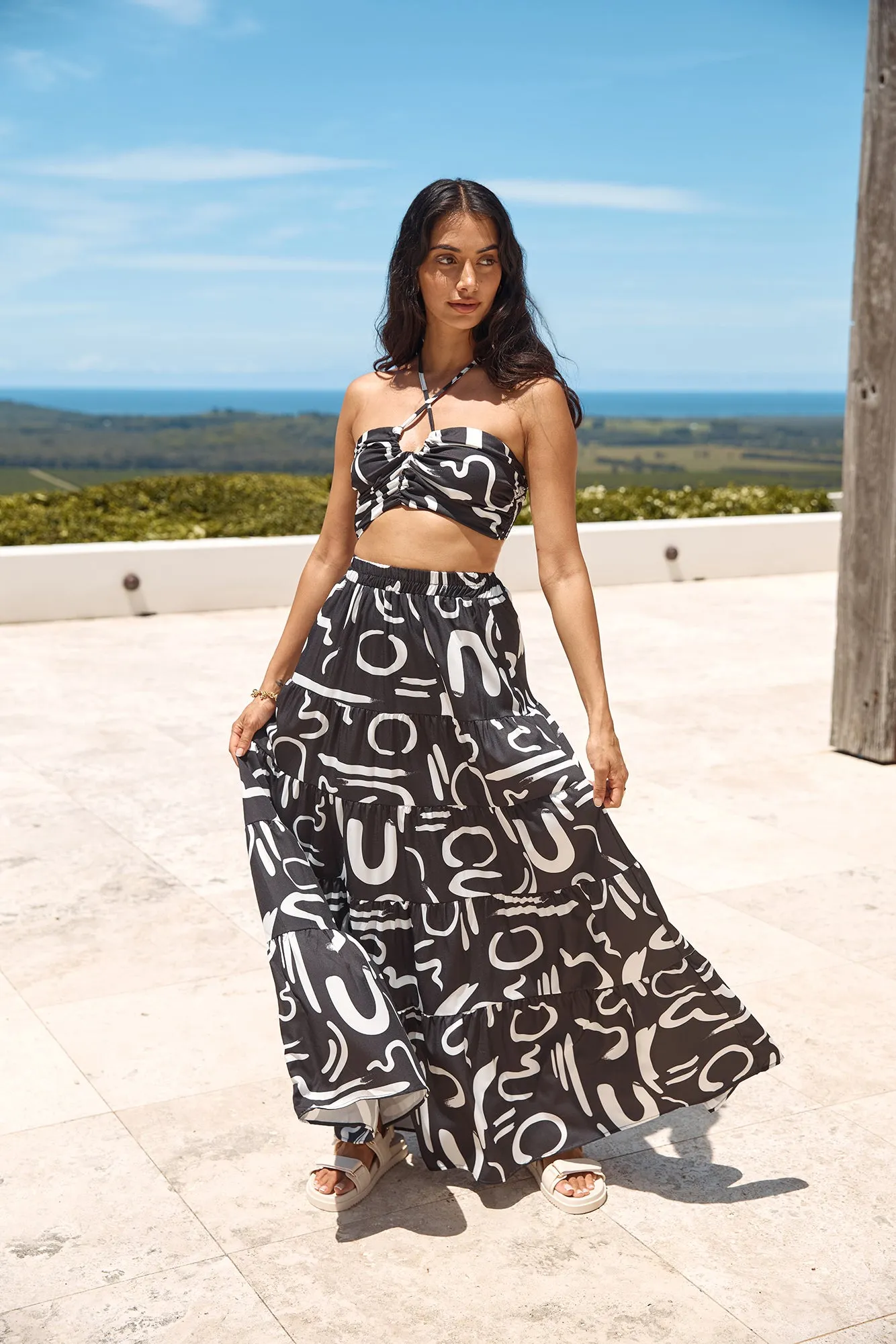 Panoramic Views Crop Halter Top Black