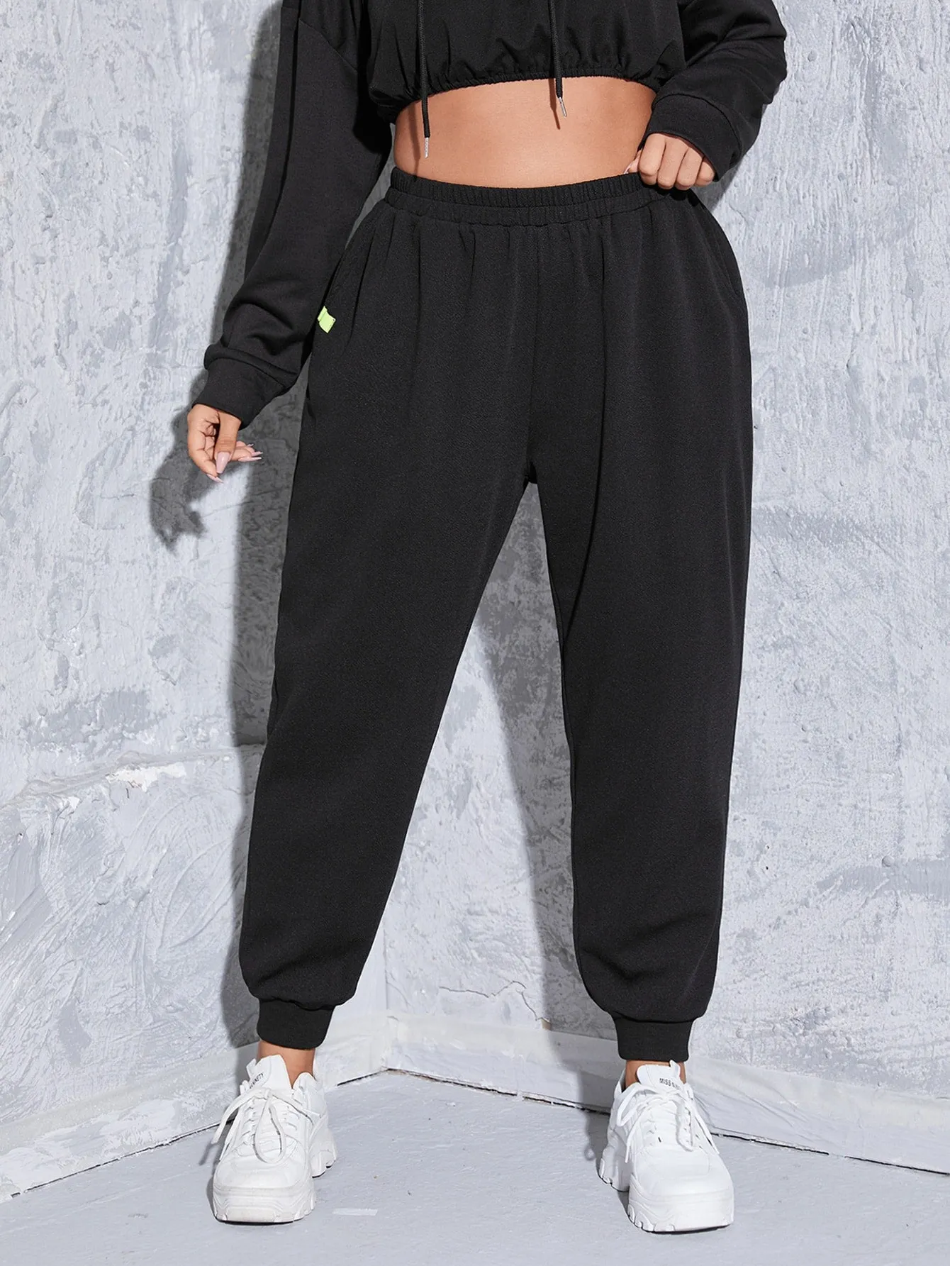 Patched High Waist Cropped Plus Size Sweatpants