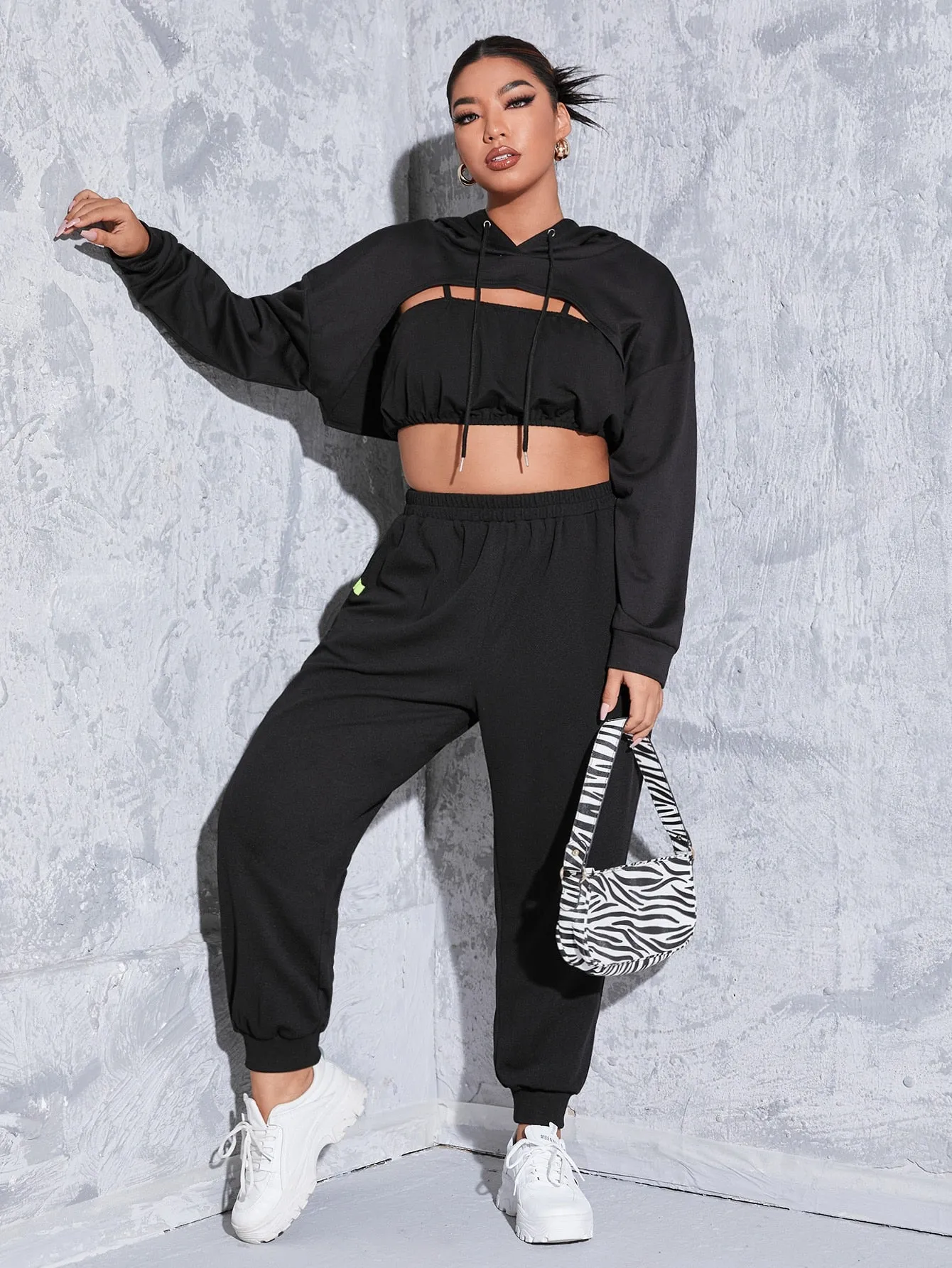 Patched High Waist Cropped Plus Size Sweatpants