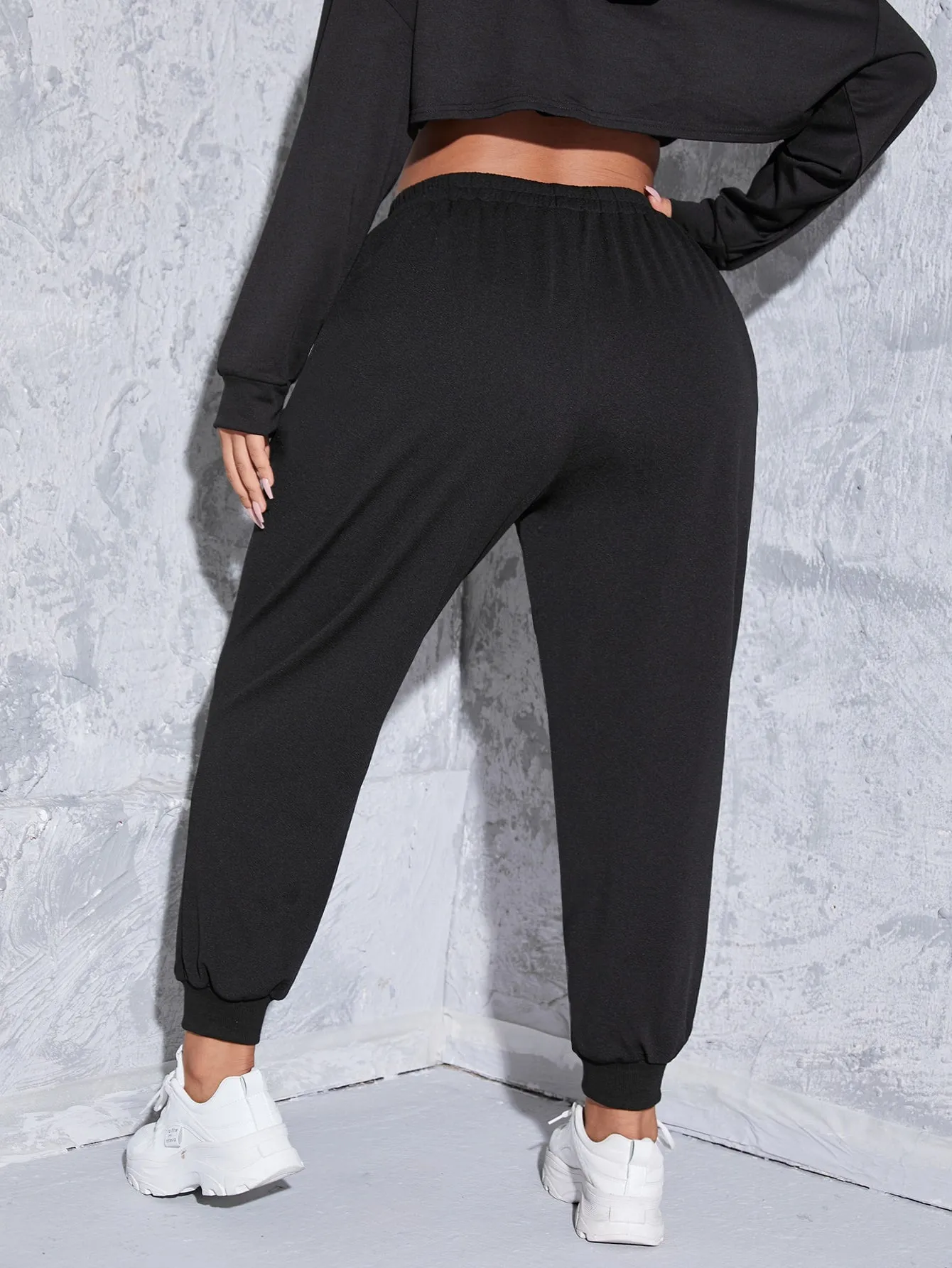 Patched High Waist Cropped Plus Size Sweatpants