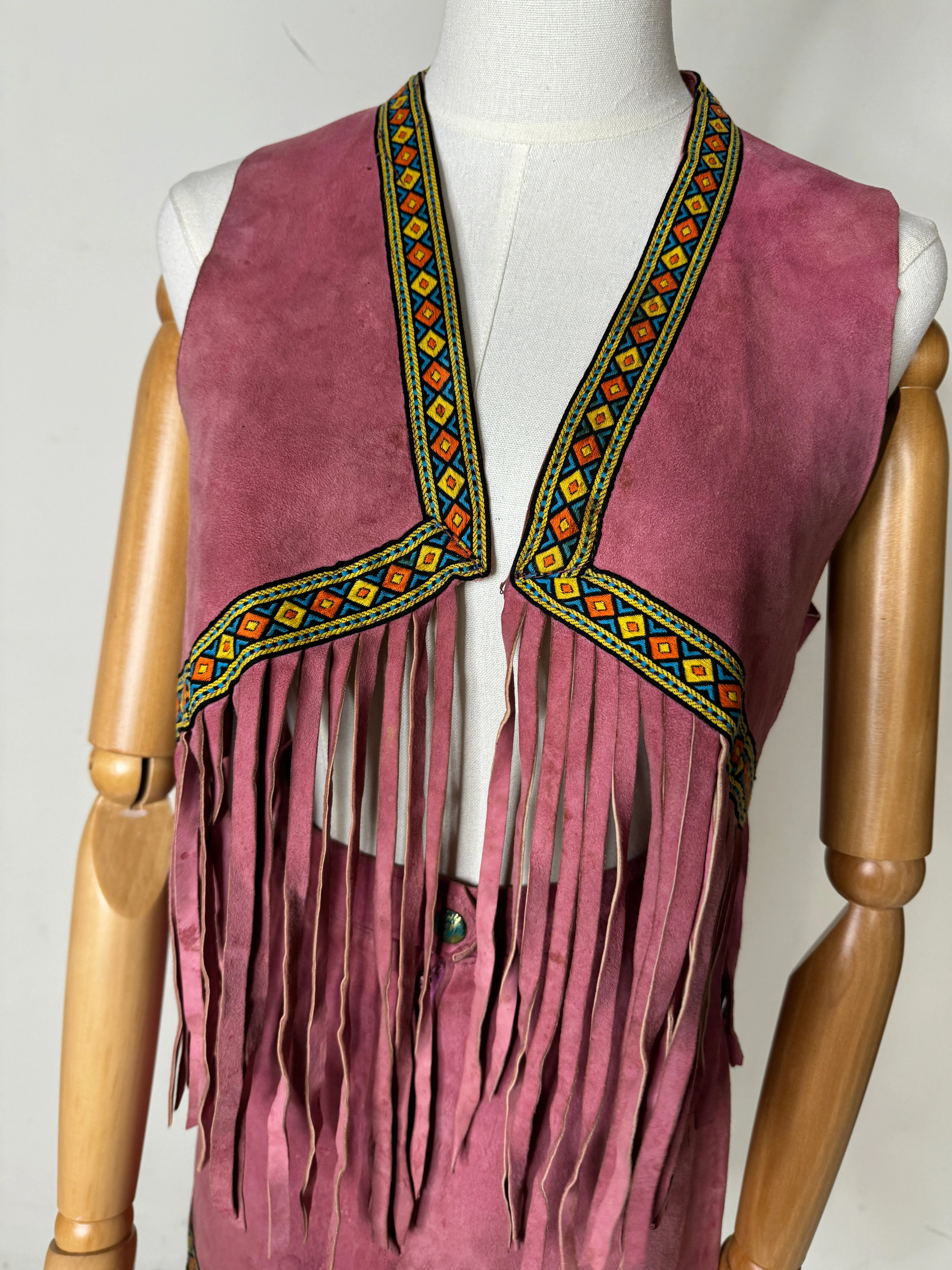 Pink Suede Fringed Western Mini Skirt Set 1960s
