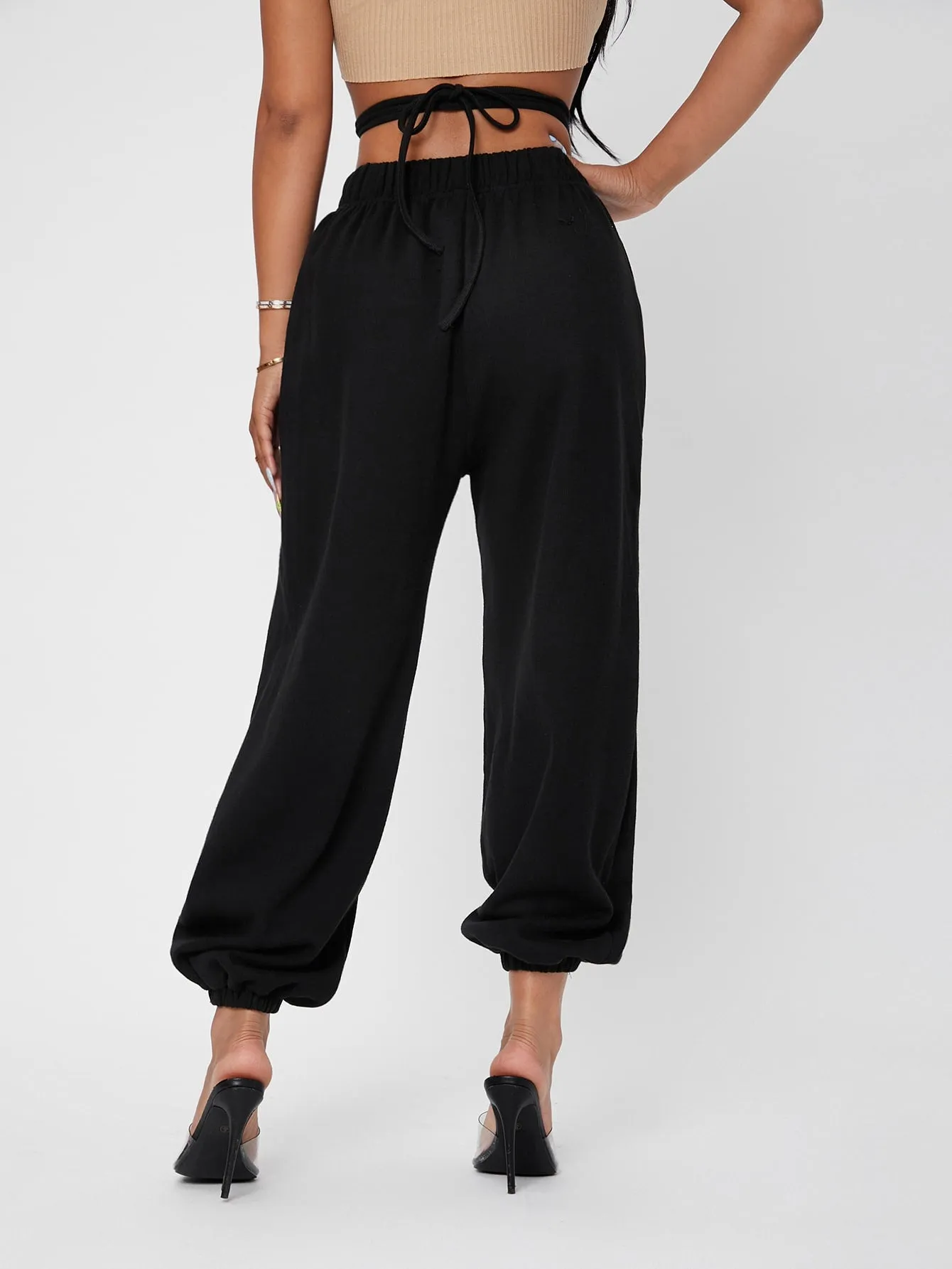Plain Criss Cross High Waist Long Women Sweatpants