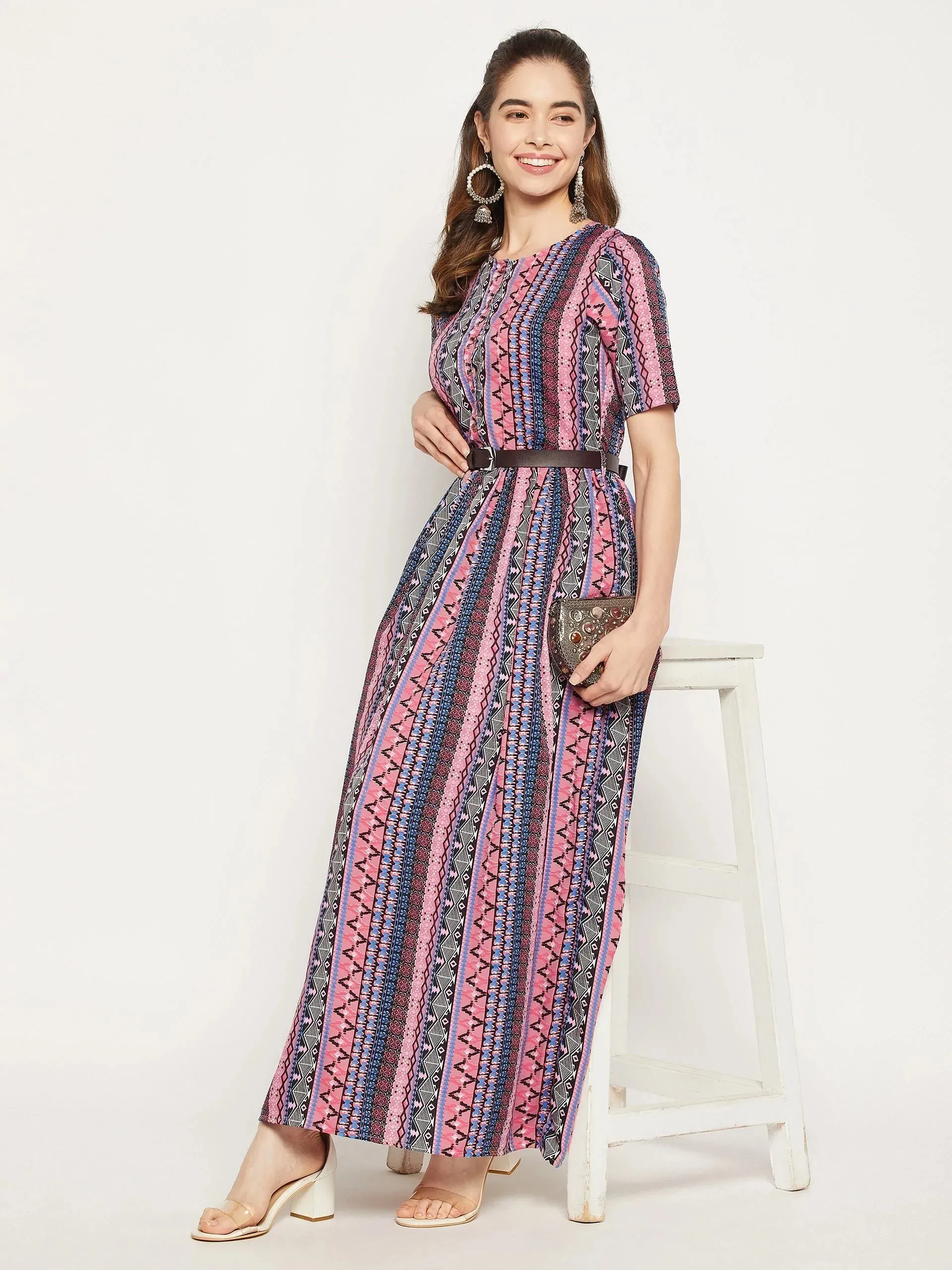 Printed Maxi Dress with Belt