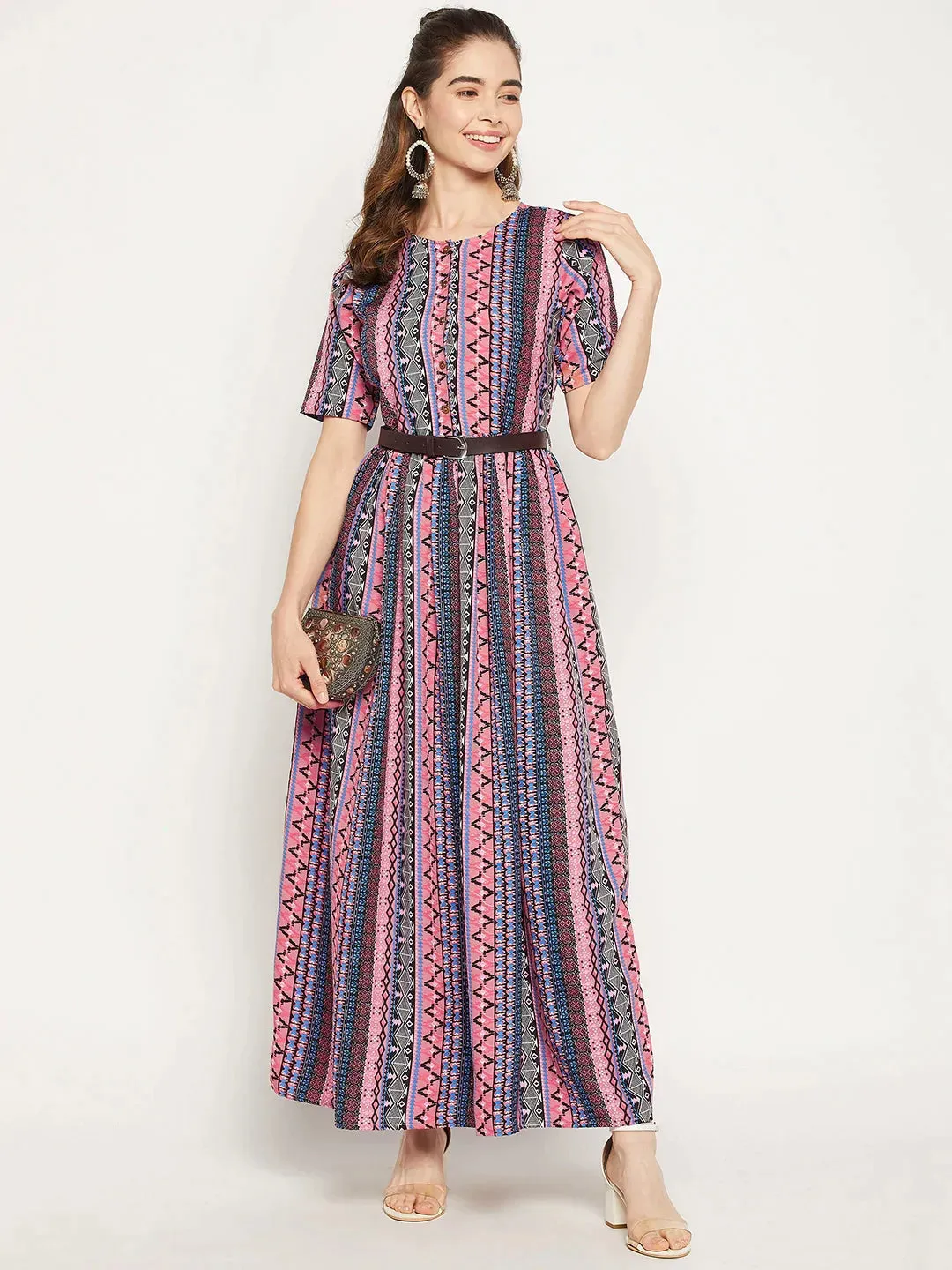 Printed Maxi Dress with Belt