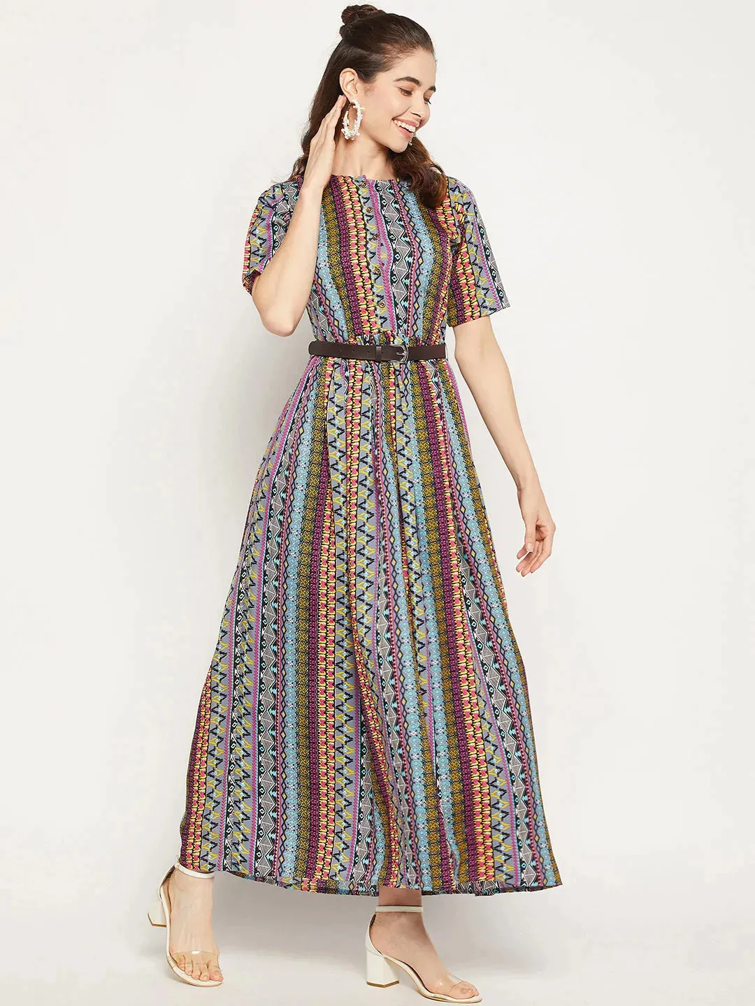 Printed Maxi Dress with Belt
