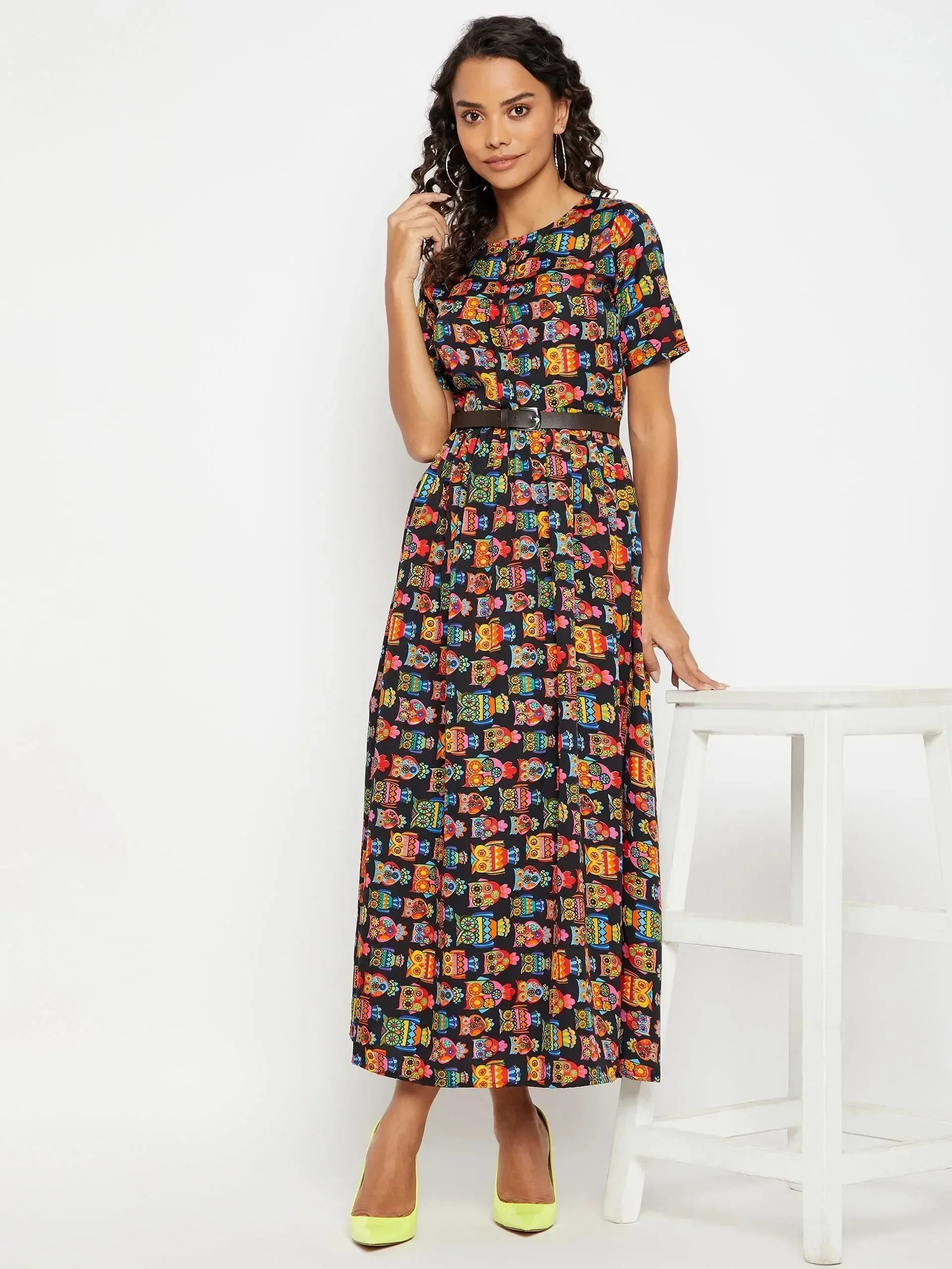 Printed Maxi Dress with Belt