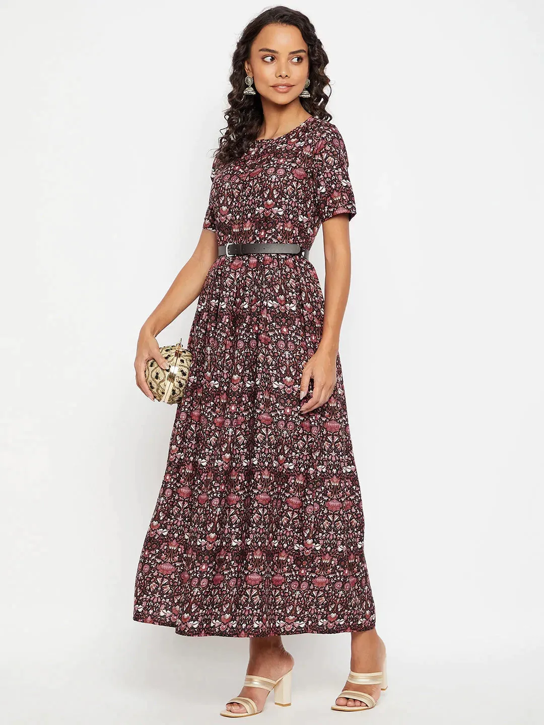 Printed Maxi Dress with Belt