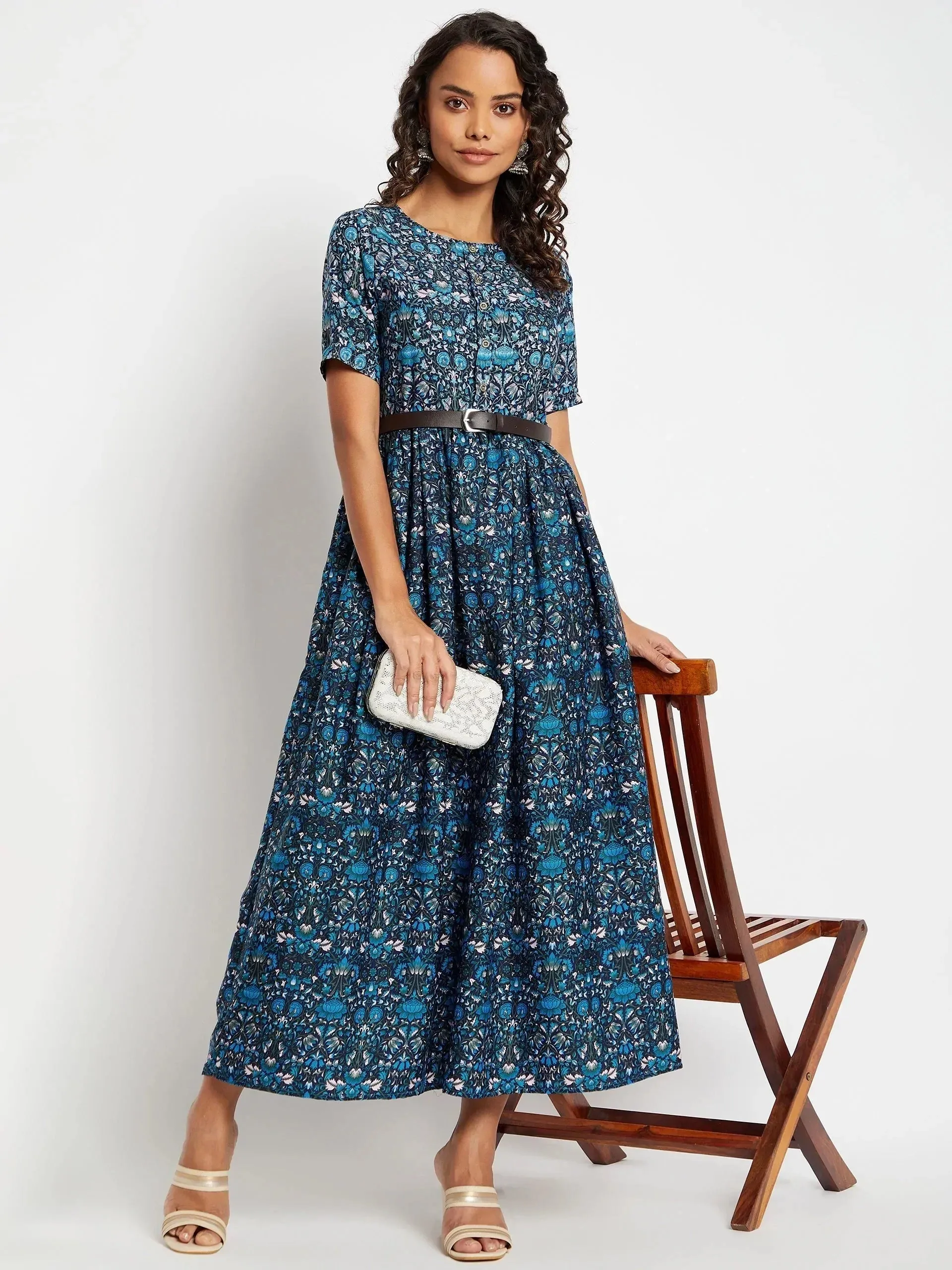 Printed Maxi Dress with Belt