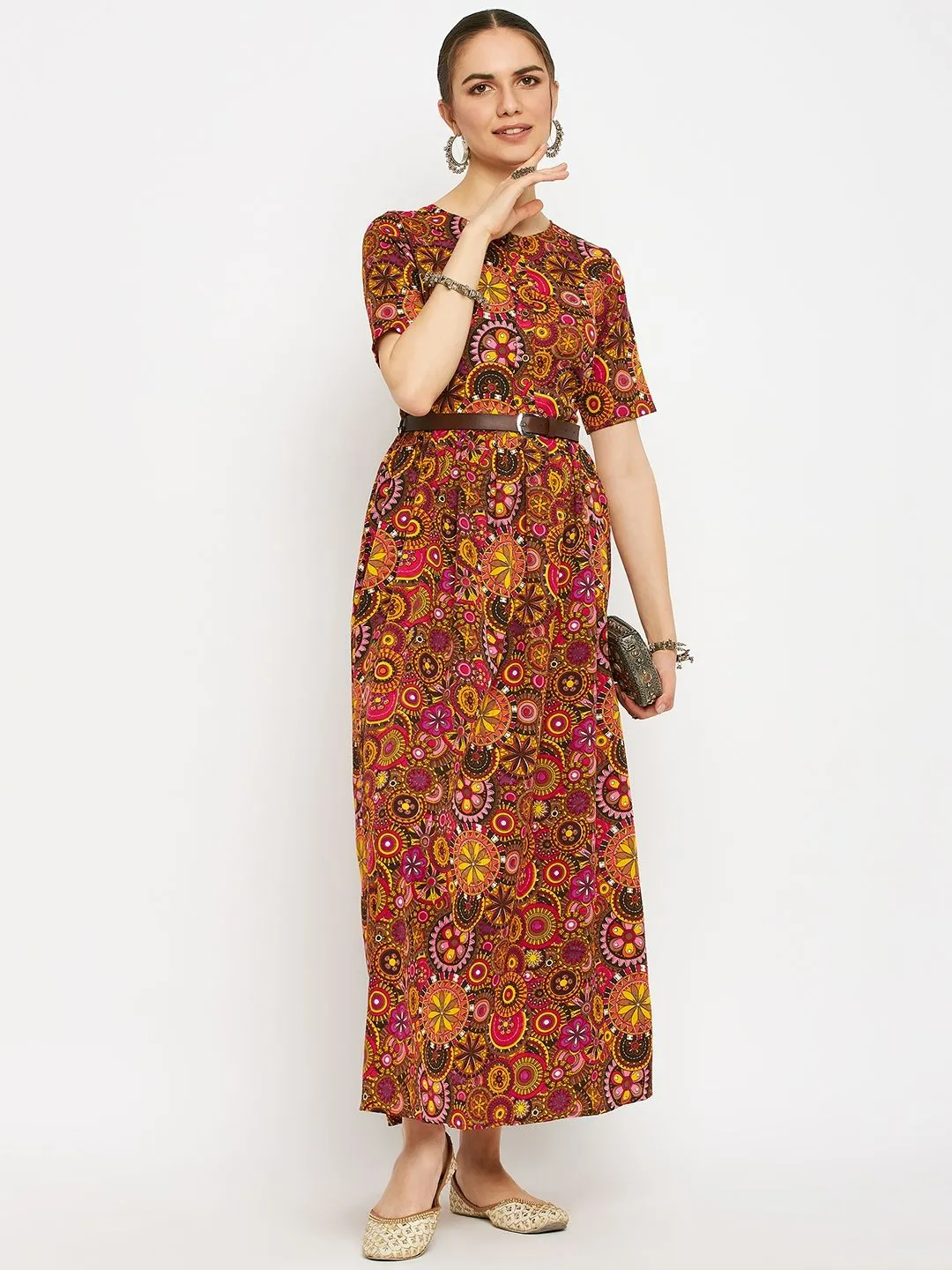 Printed Maxi Dress with Belt