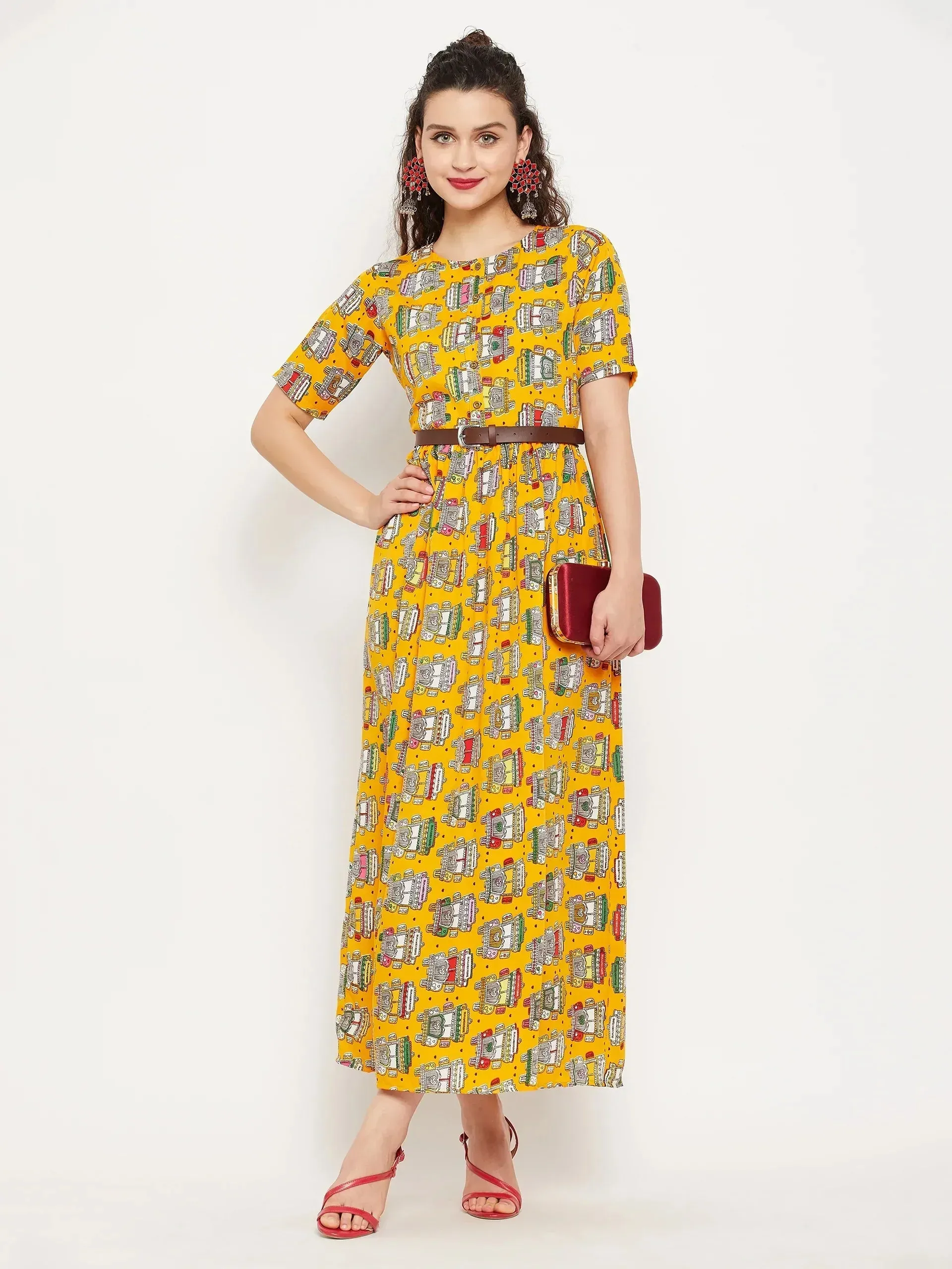 Printed Maxi Dress with Belt