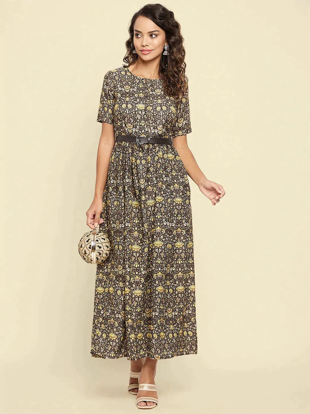 Printed Maxi Dress with Belt