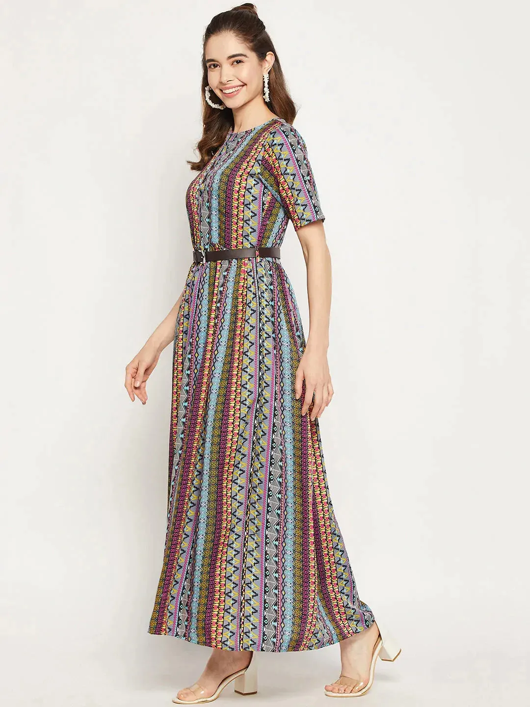 Printed Maxi Dress with Belt