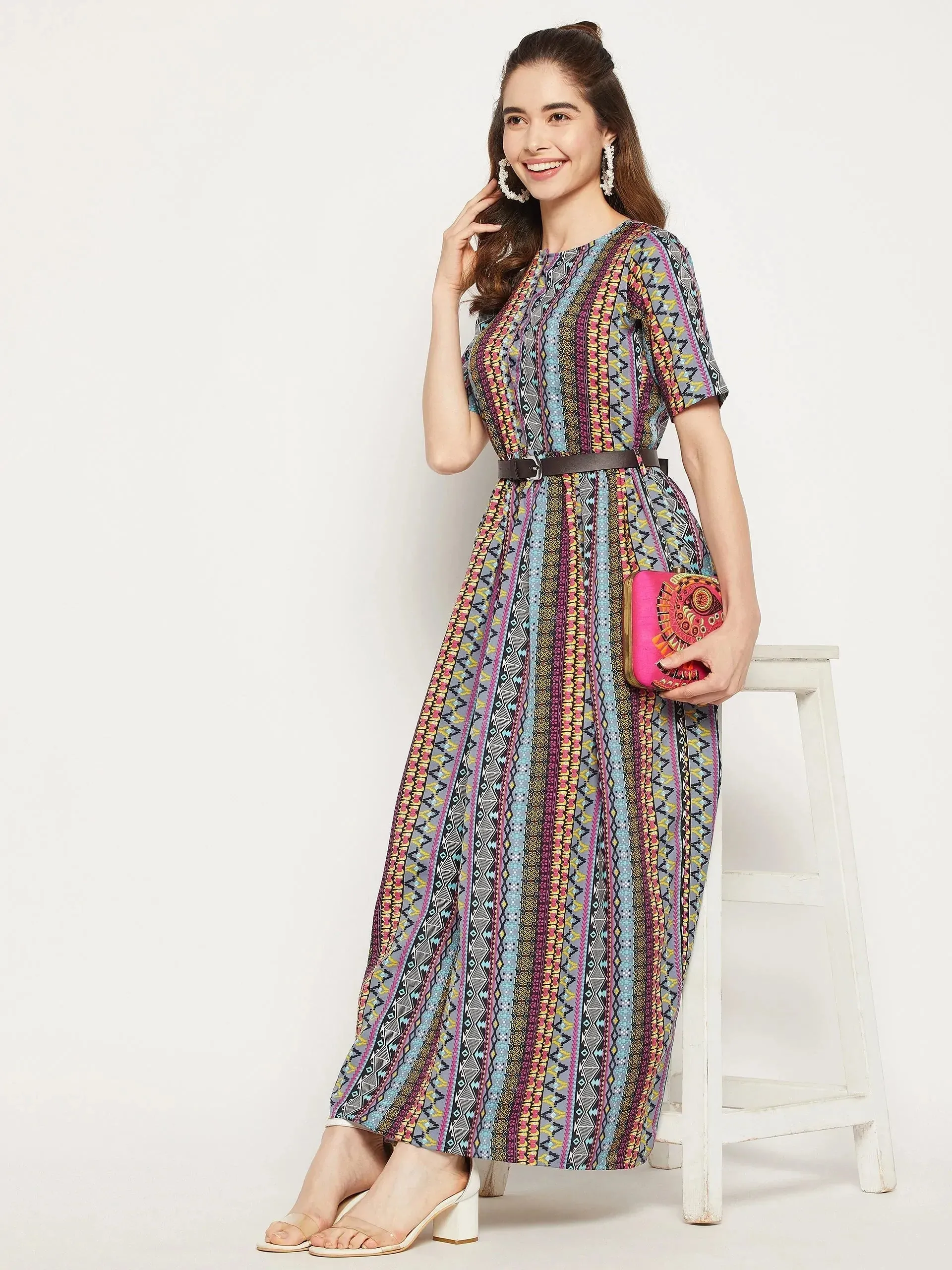 Printed Maxi Dress with Belt