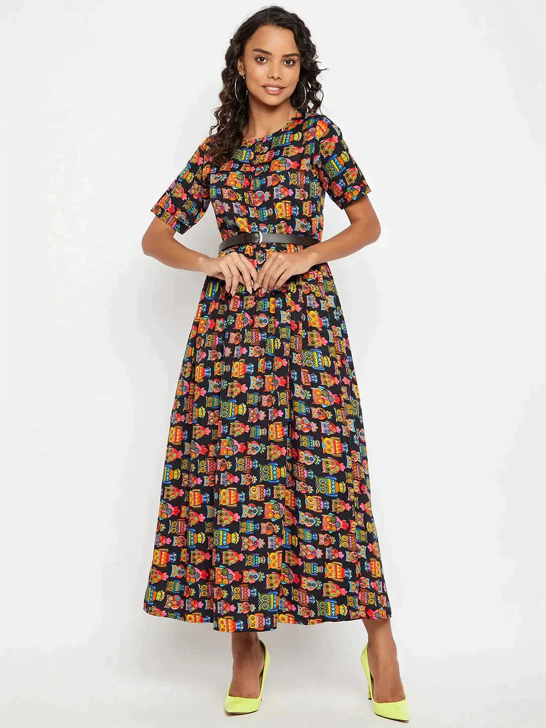 Printed Maxi Dress with Belt