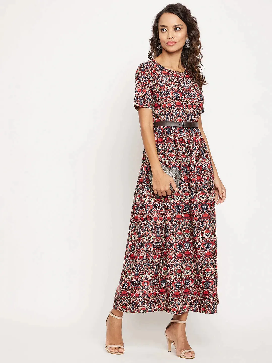 Printed Maxi Dress with Belt