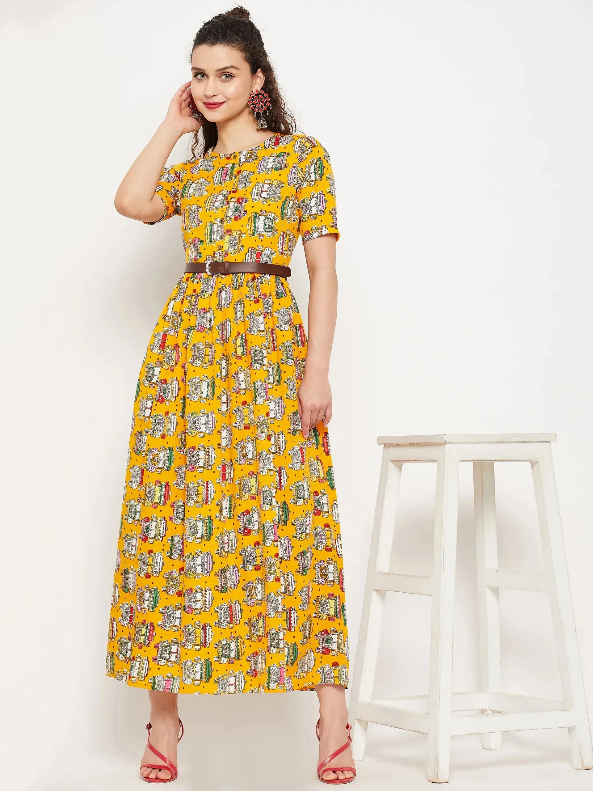 Printed Maxi Dress with Belt