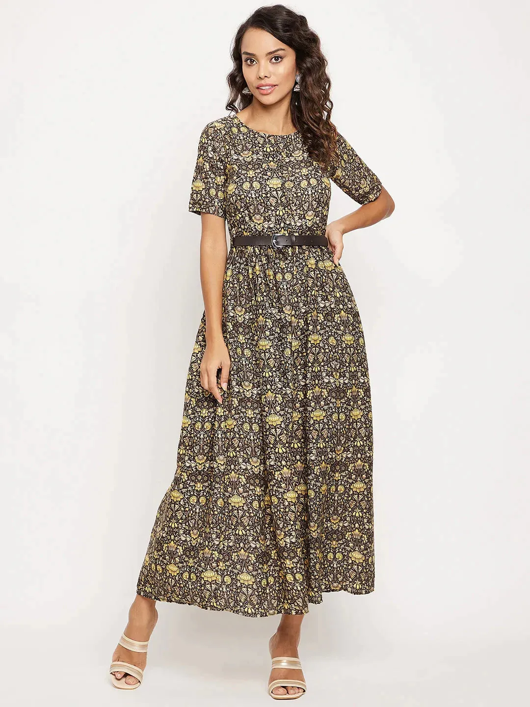 Printed Maxi Dress with Belt