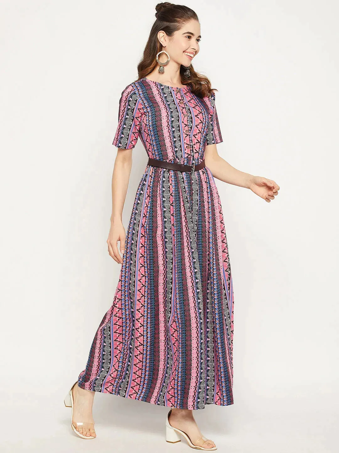 Printed Maxi Dress with Belt